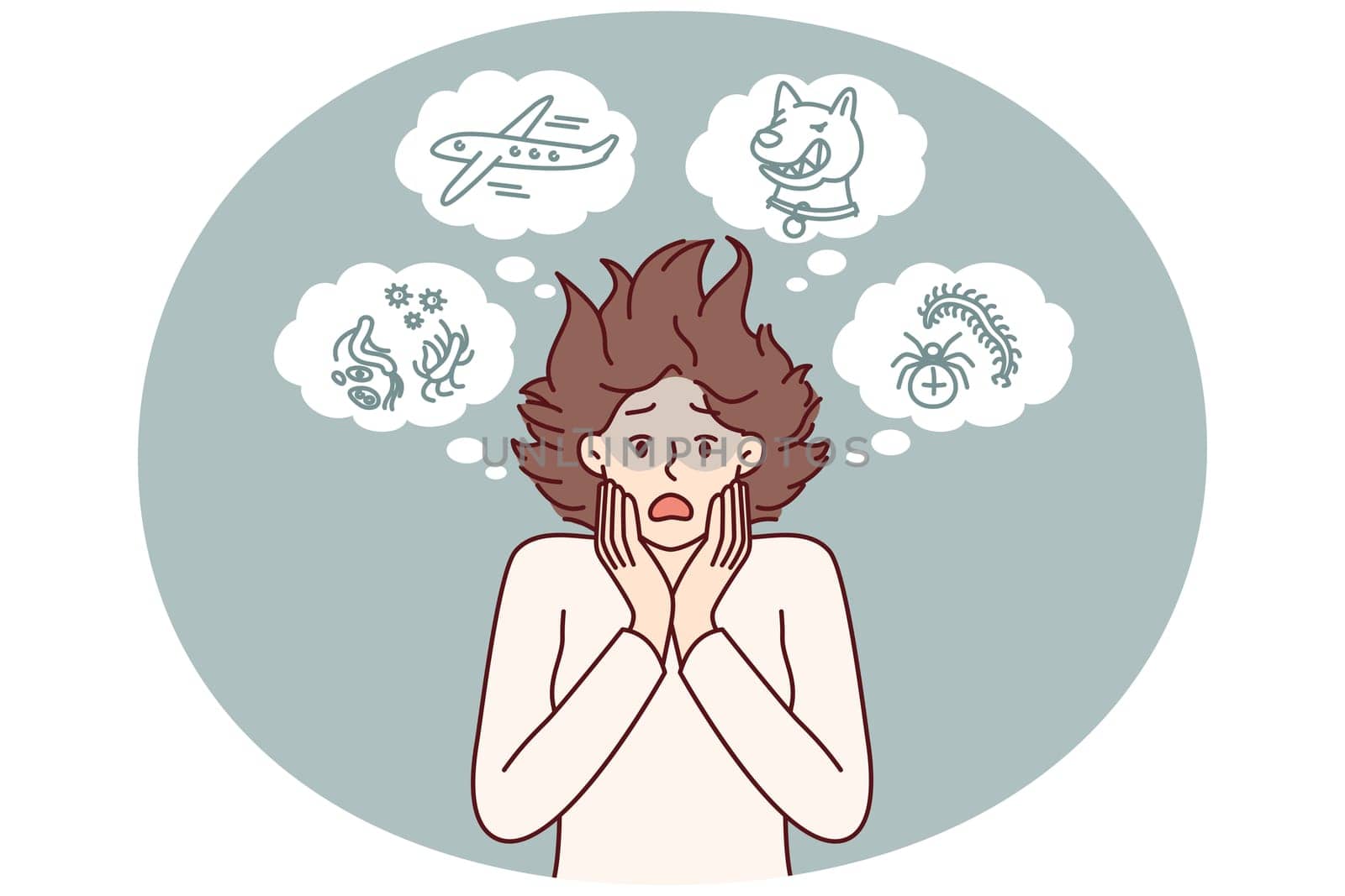 Woman with phobias and manic and rational fears associated with violation of psychological health. Shaggy girl phobia of flying on airplane or meeting stray dog and getting infested with ticks