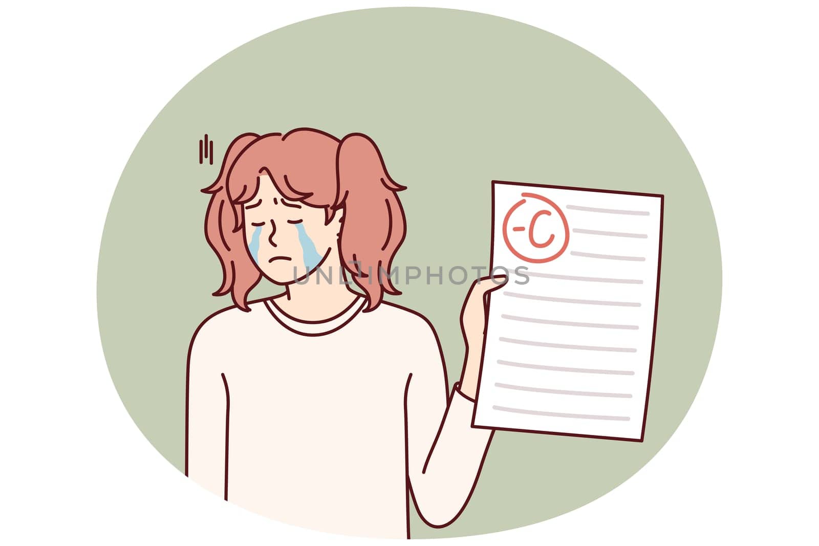 Crying teenage girl depressed because of negative mark on test or exam paper. Unhappy schoolgirl is sad after receiving bad grade from teacher for extracurricular work and needs help of tutor