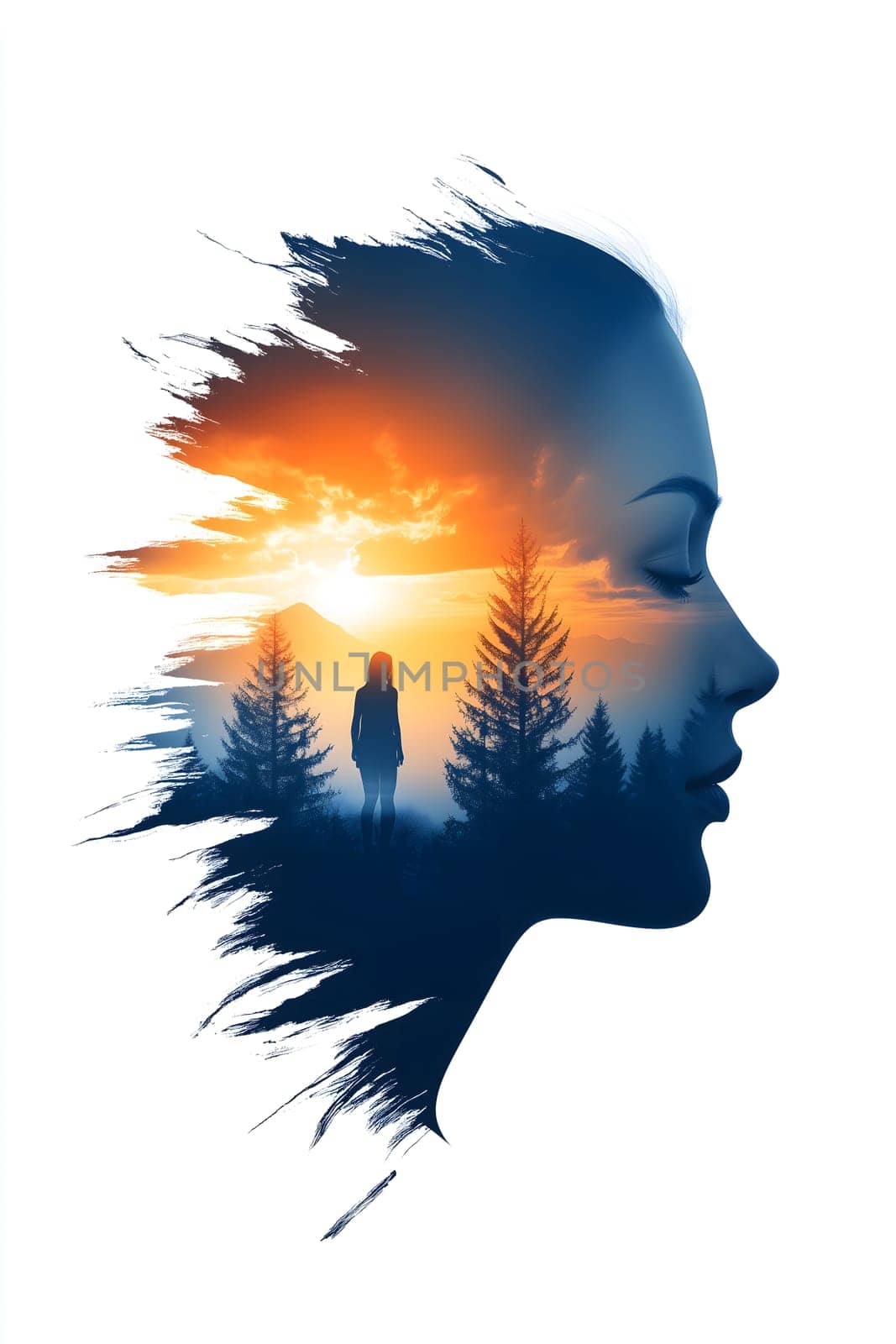 Double exposure illustration blending serene side profile of woman face with sunset landscape. mindfulness, inner peace, personal growth. AI generated image
