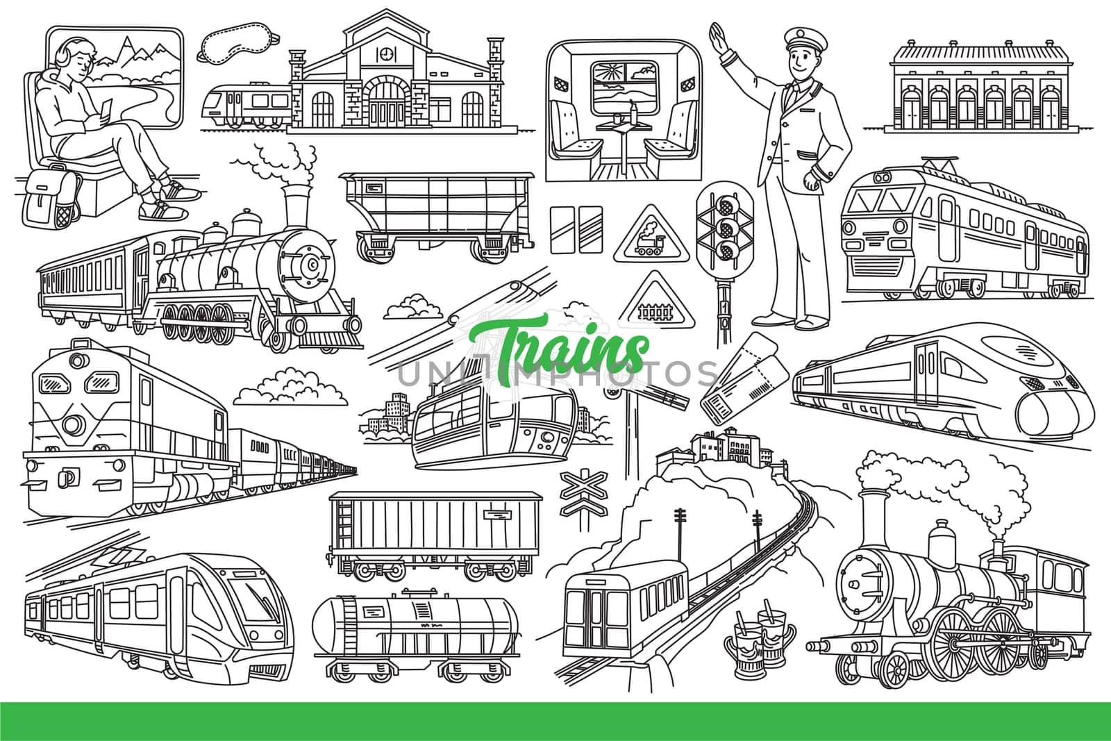 Railway industry and use of trains to travel around world and deliver goods. Train inscription near cars with passengers or tanks for transporting petroleum products or traffic lights. Hand drawn.