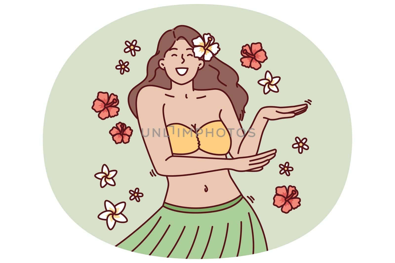 Beautiful girl in exotic outfit dances hula relaxing at Hawaiian resort or theme party in nightclub. Woman with flower in hair performs Hawaiian dance to greet tourists visiting tropical island