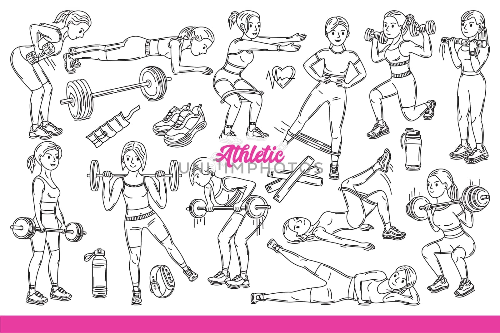 Woman athlete goes in for sports and does physical exercises with fitness equipment. Girl athlete achieves slim figure and excellent health by lifting barbells or dumbbells. Hand drawn.