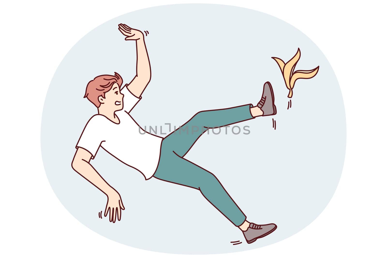 Clumsy man slipped on banana peel while walking through city streets or home rooms. Unfortunate casual guy slipped due to debris and is at risk of injury or broken arms and legs in fall