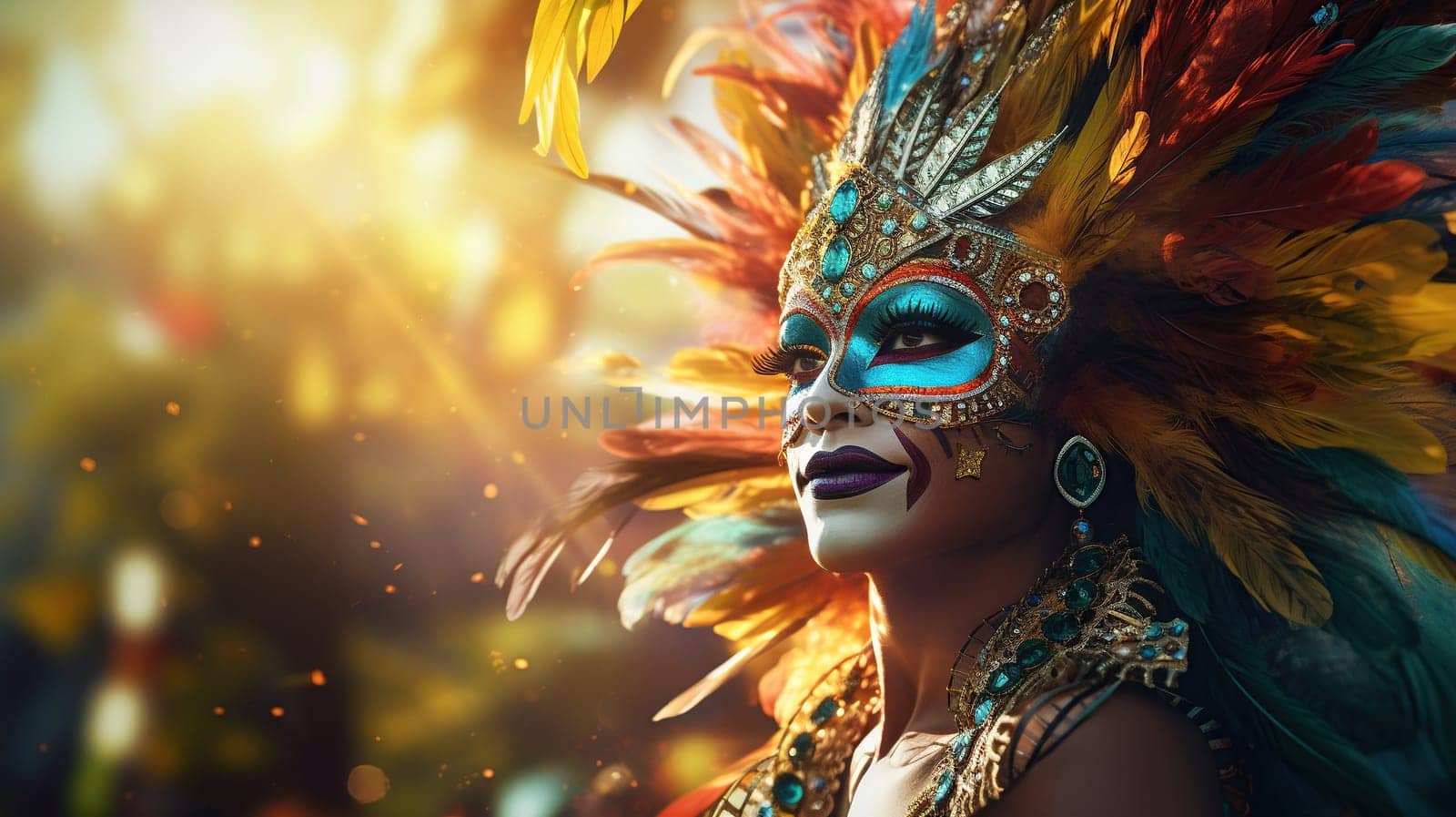 Mardi gras background with Brasil carnival bright dressed woman and copy space. AI Generated content