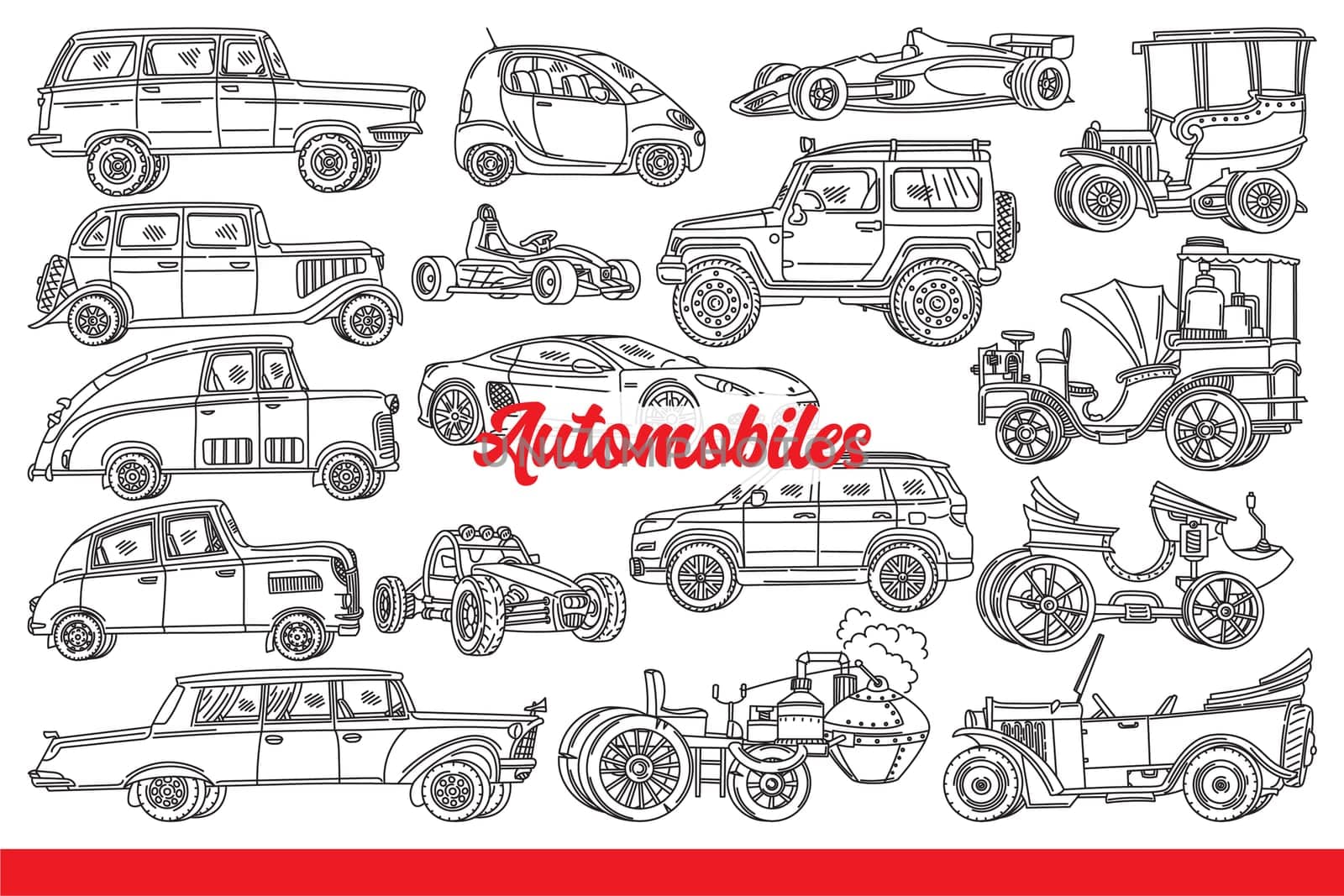 Automobiles with modern and retro bodywork for transporting passengers and racing in competitions. Automobiles or cars for various purposes with steam engine or internal combustion engine. Hand drawn.
