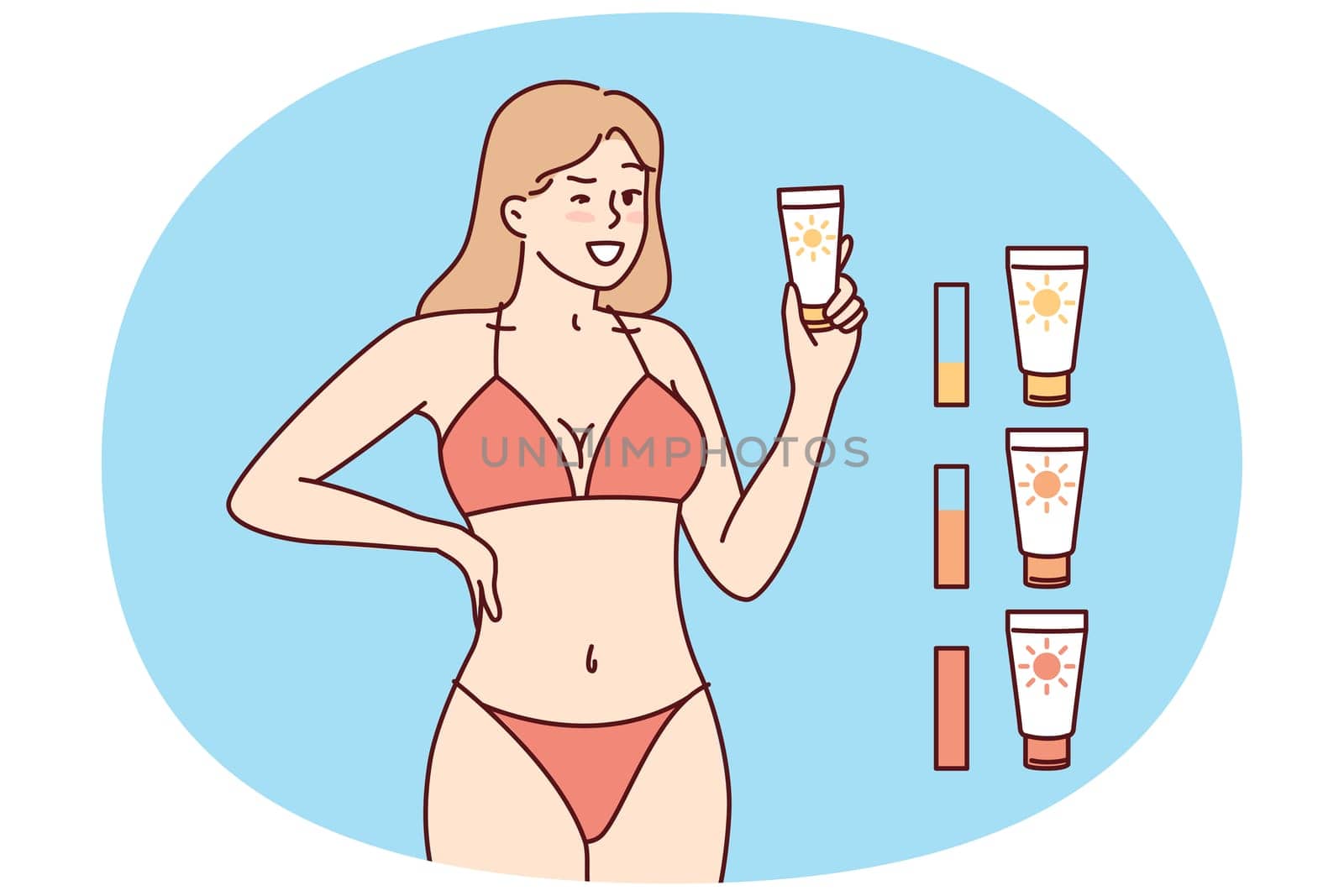 Woman in beach tanning bikini demonstrates anti-sunburn cream. Girl recommends purchasing high-quality tanning cream that promotes appearance of uniform skin tone when visiting solarium