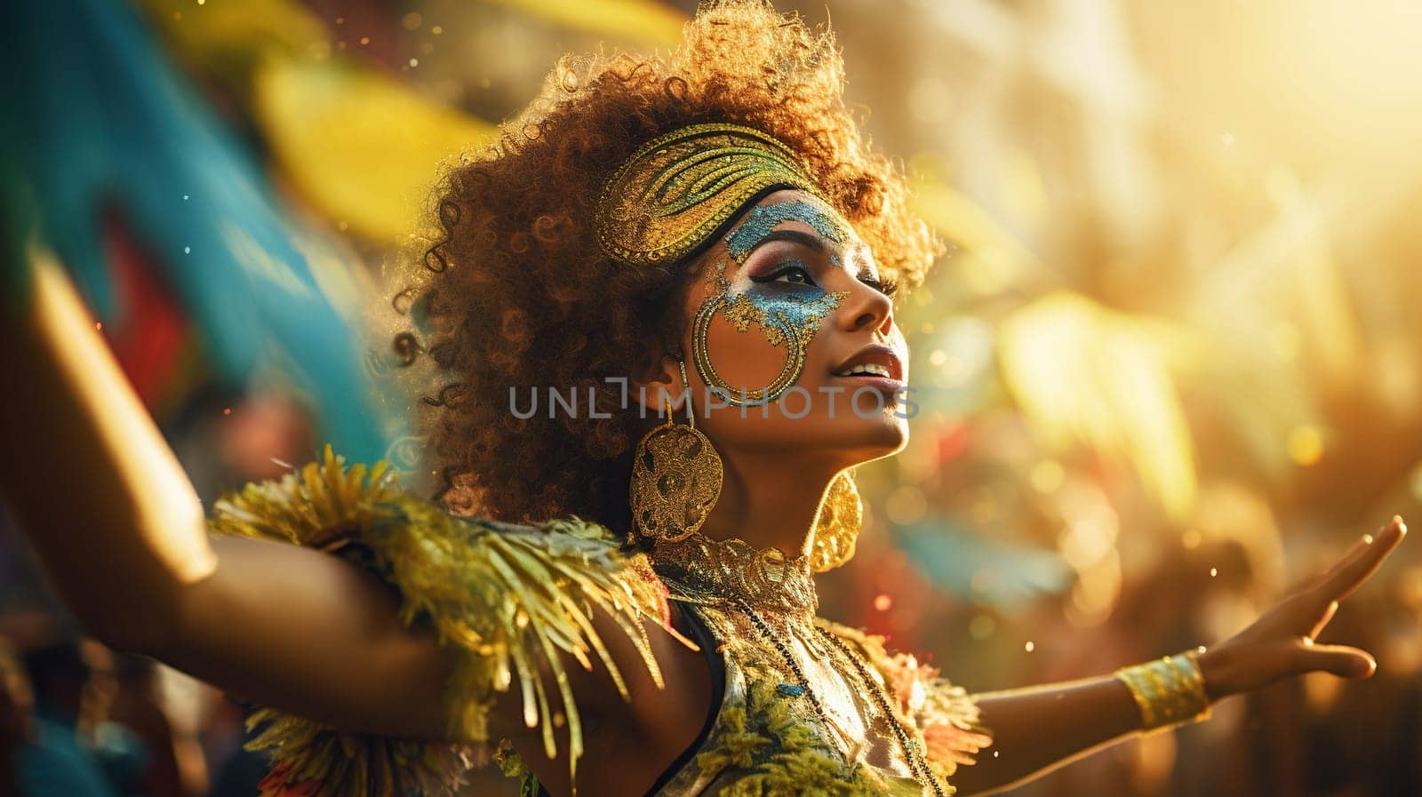 Mardi gras background with Brasil carnival bright dressed woman and copy space. AI Generated content