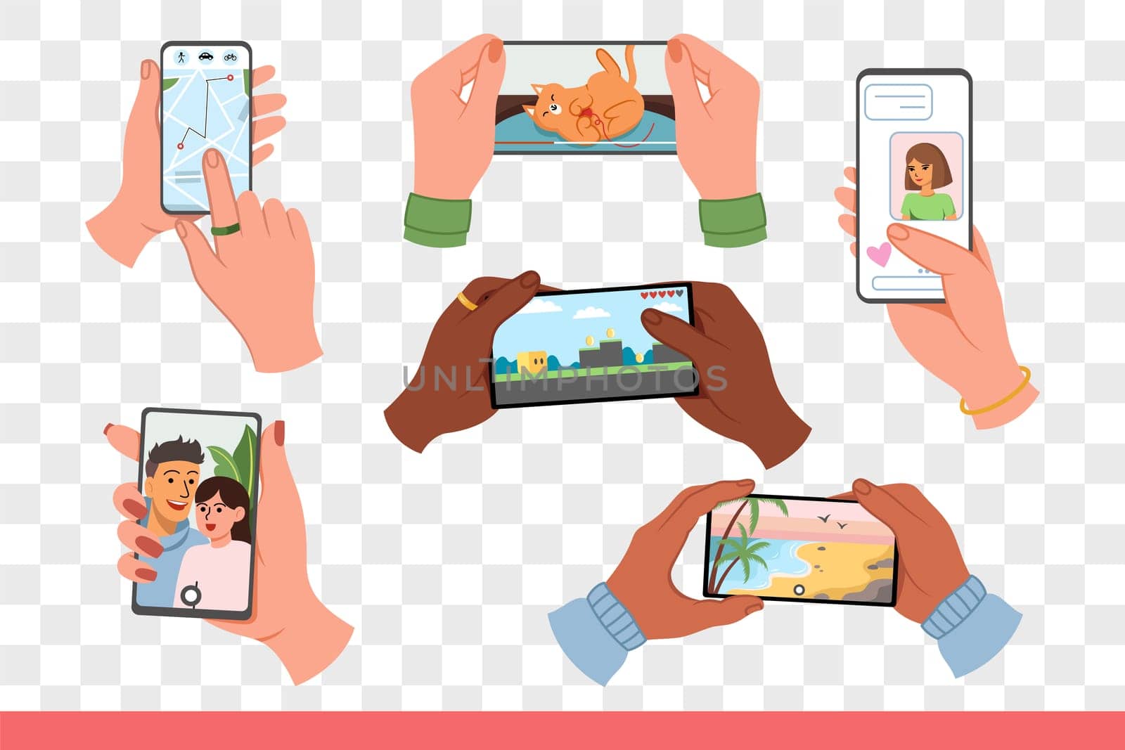 Mobile phones and smartphones are in hands of people having fun using apps. Using smartphones for navigation in city and video games or online dating and internet calls to friends.