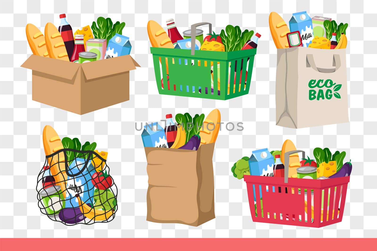 Food and groceries in cardboard boxes or bags and baskets from supermarket. Delicious food and drinks purchased at grocery store for balanced diet without excess calories and carbohydrates.