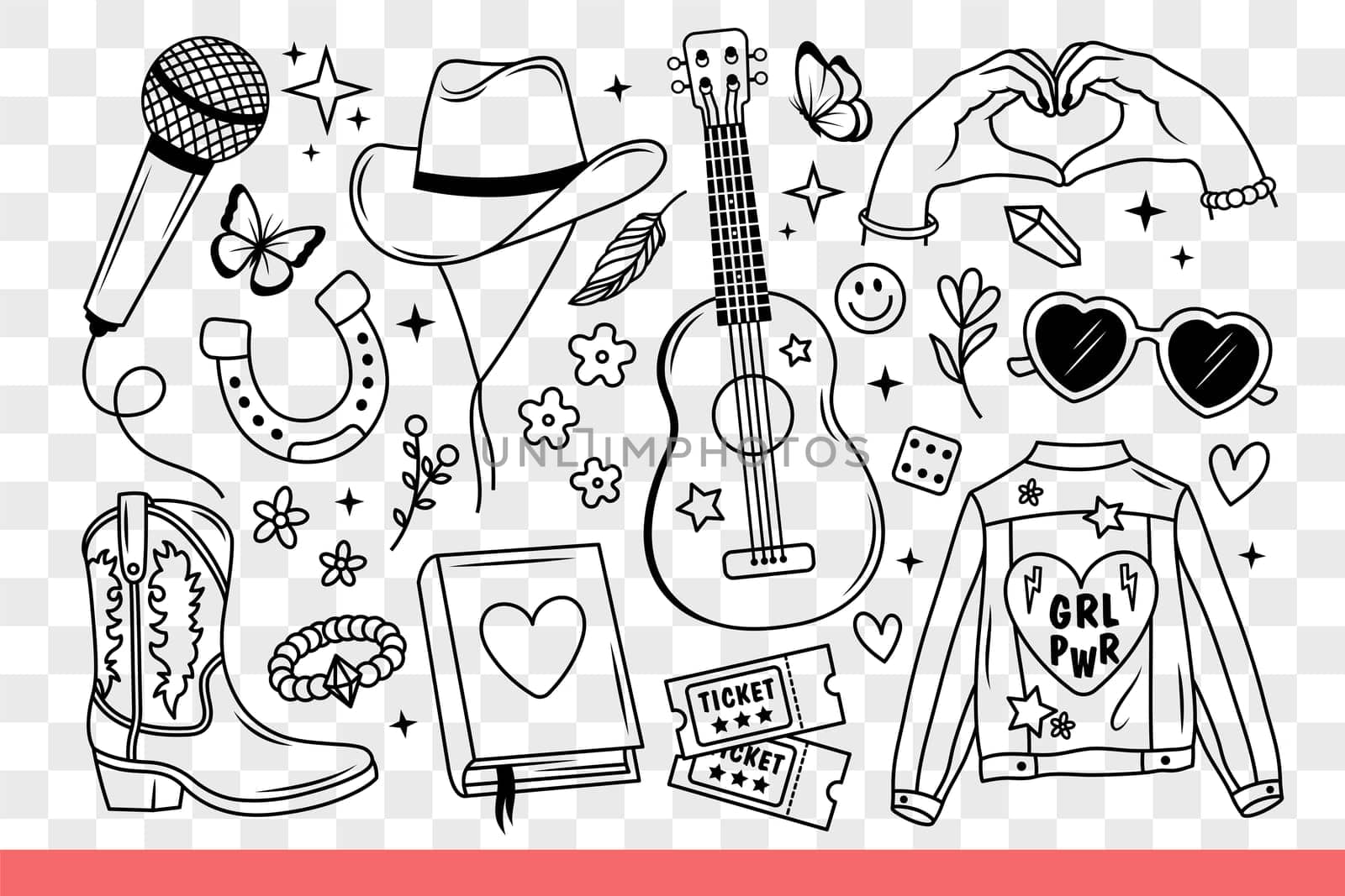 Girl power logo on jacket near guitar and hat or microphone for teen concert artist. Girl power background with diary for writing thoughts and disco tickets or heart shaped hands gesture. Hand drawn.