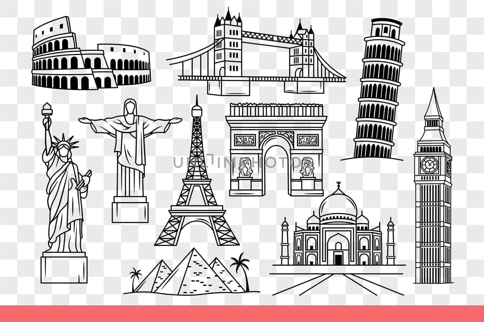 World landmarks and statues or museums are popular among tourists traveling around planet. Landmarks colosseum and Eiffel tower near Elysee gate from Paris or Taj Mahal from India. Hand drawn.