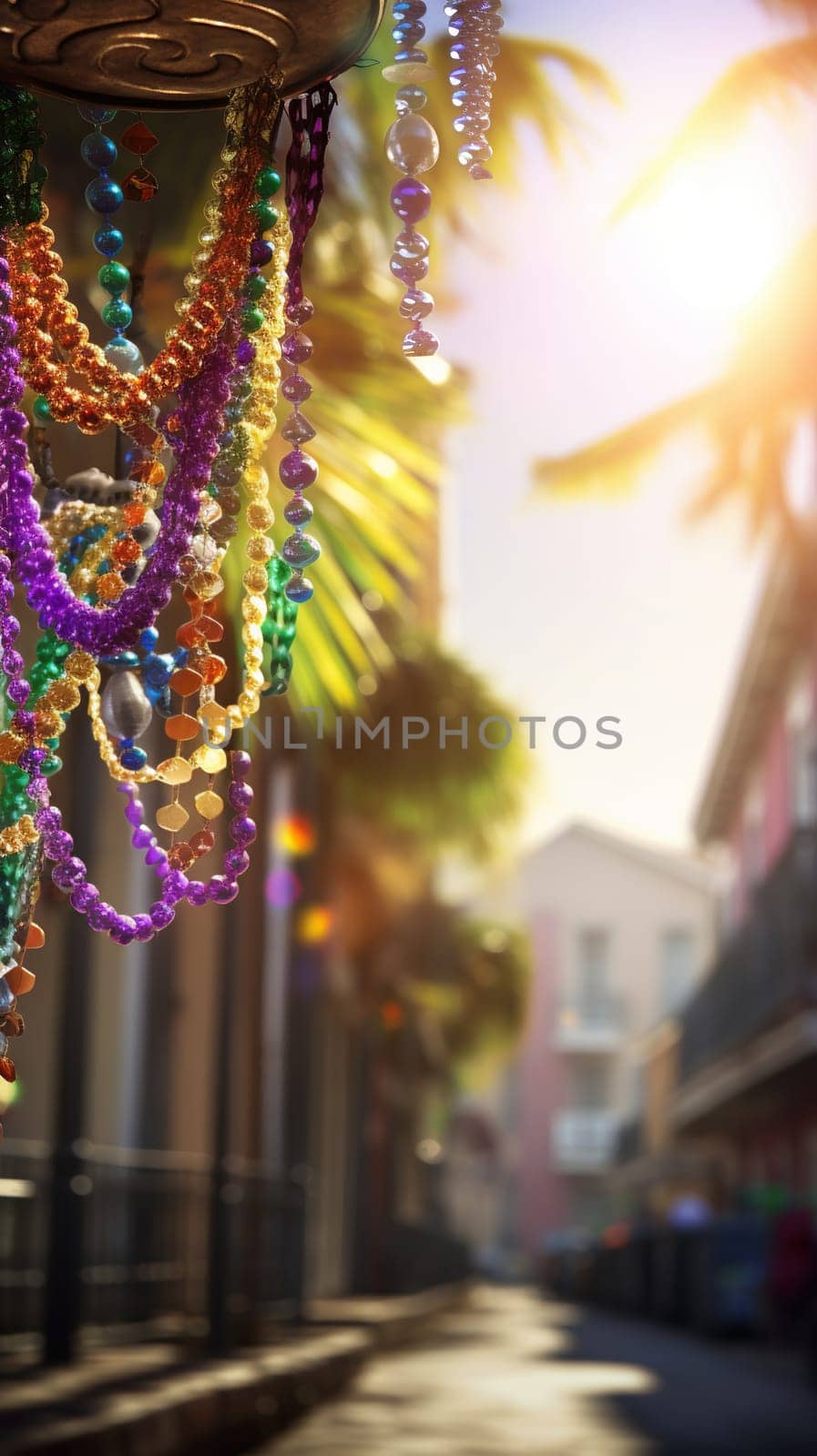 Confetti and Mardi Gras carnival decorations city street festival background. AI Generated content