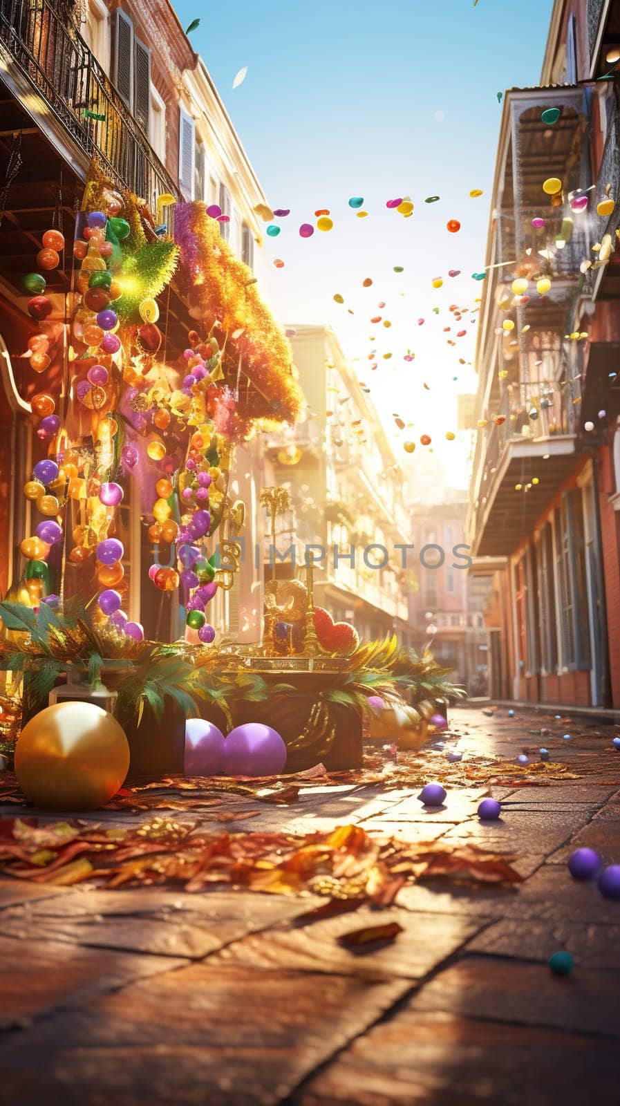 Confetti and Mardi Gras carnival decorations city street festival background. AI Generated content