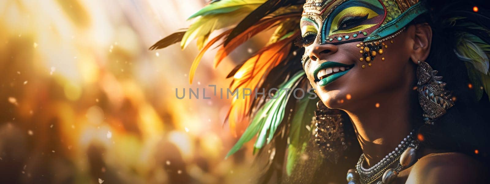 Mardi gras background with Brasil carnival bright dressed woman and copy space. AI Generated content