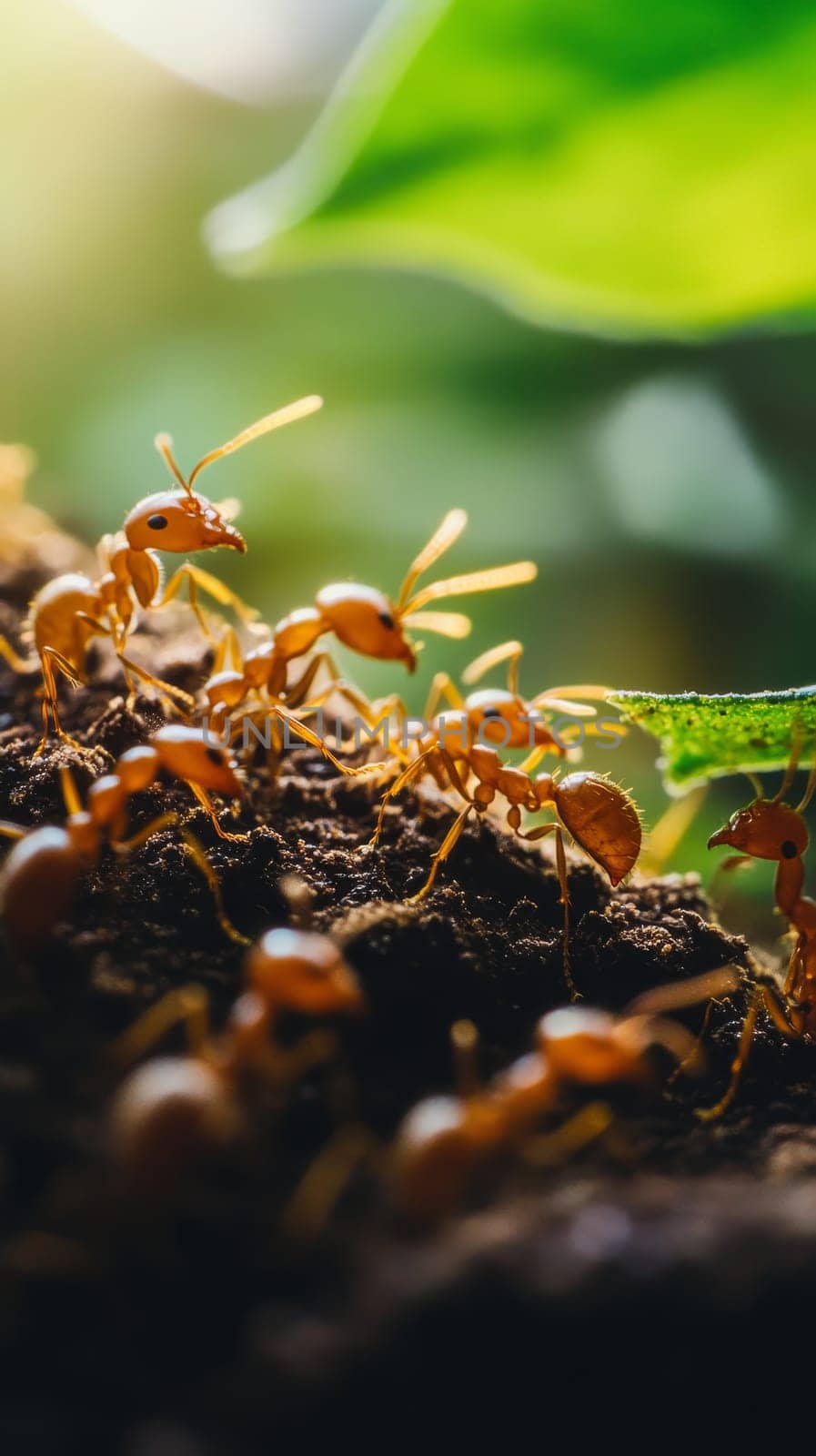 Macro view of industrious red ants working together on dark soil near green moss, highlighting their collective behavior and intricate social structure.