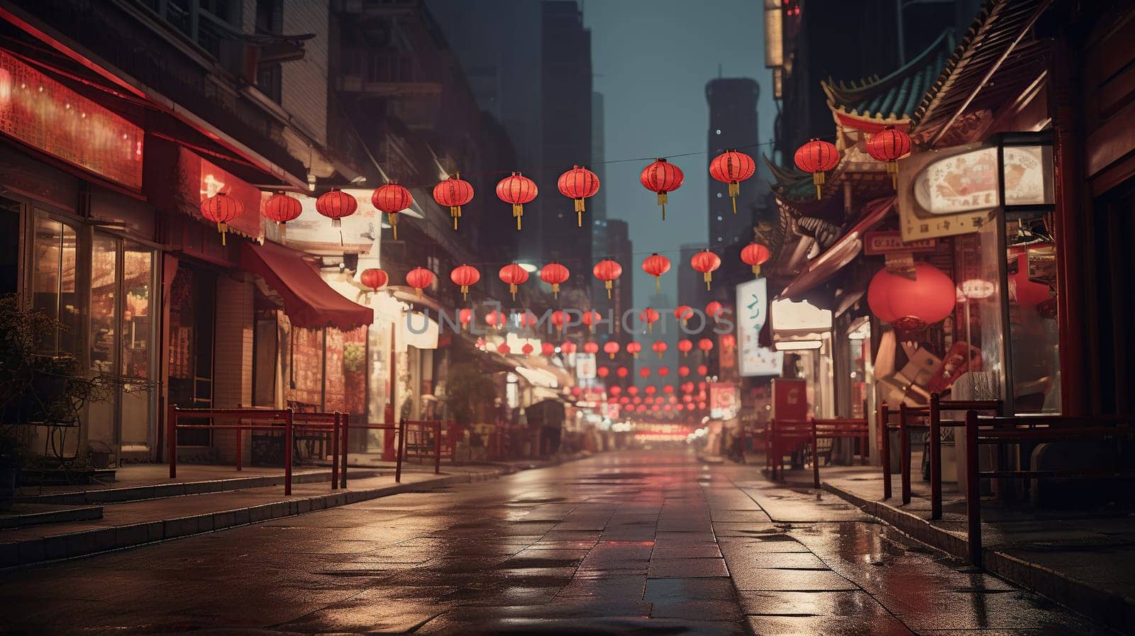 Chinese New Year celebration, red lanterns hanging above street, festive atmosphere, AI Generated content