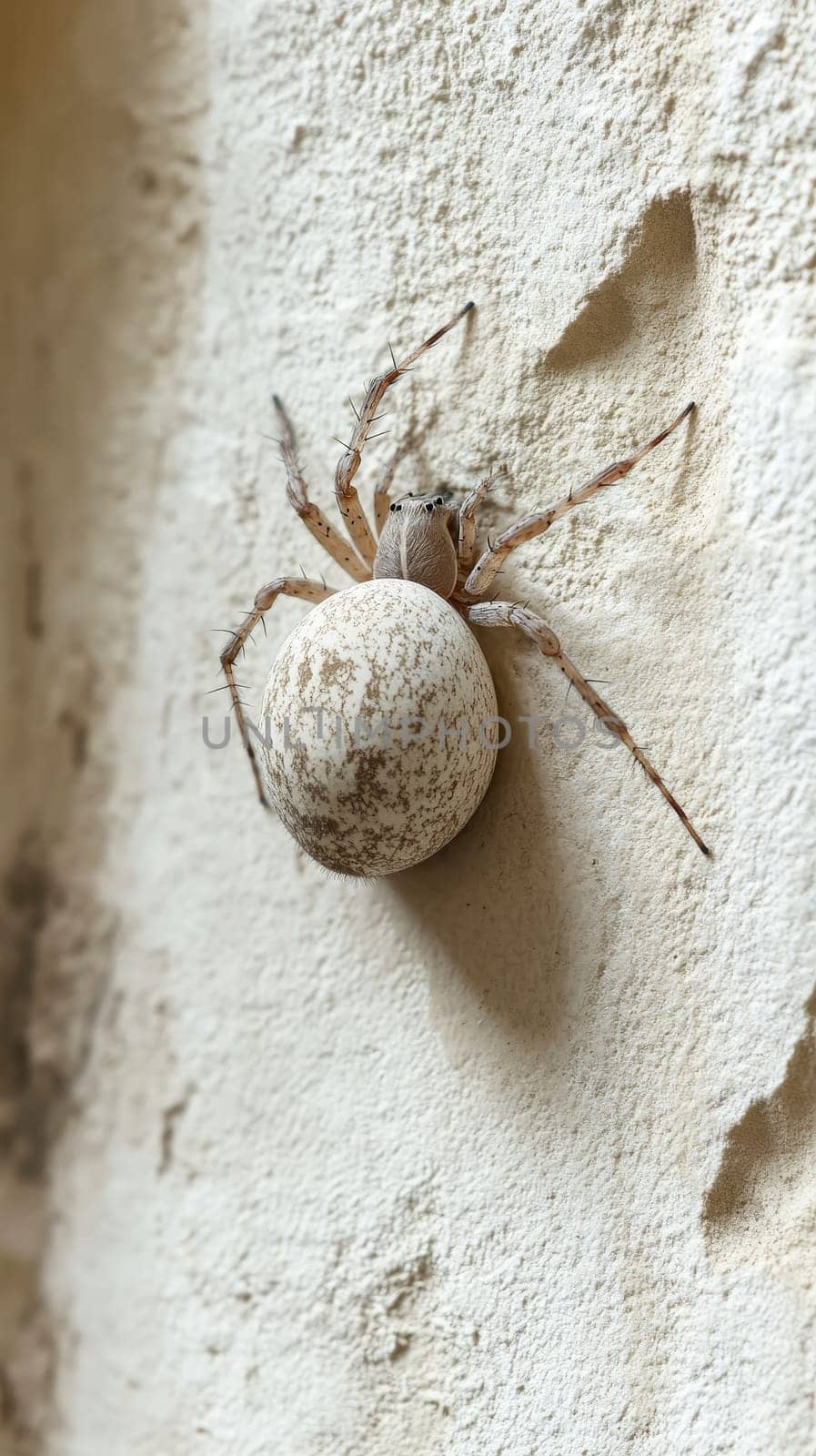 A pale, speckled spider with long legs perfectly camouflaged against a rough, white textured wall, demonstrating nature's adaptive strategies.