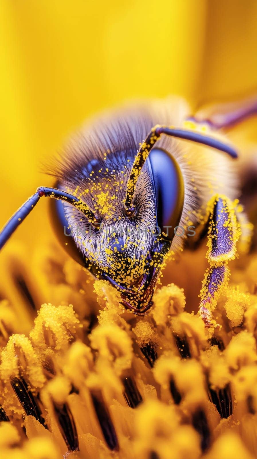 Extreme close up of a honey bee covered in vibrant yellow pollen, feeding on a sunflower's center, showcasing the intricate details of the insect and flower.