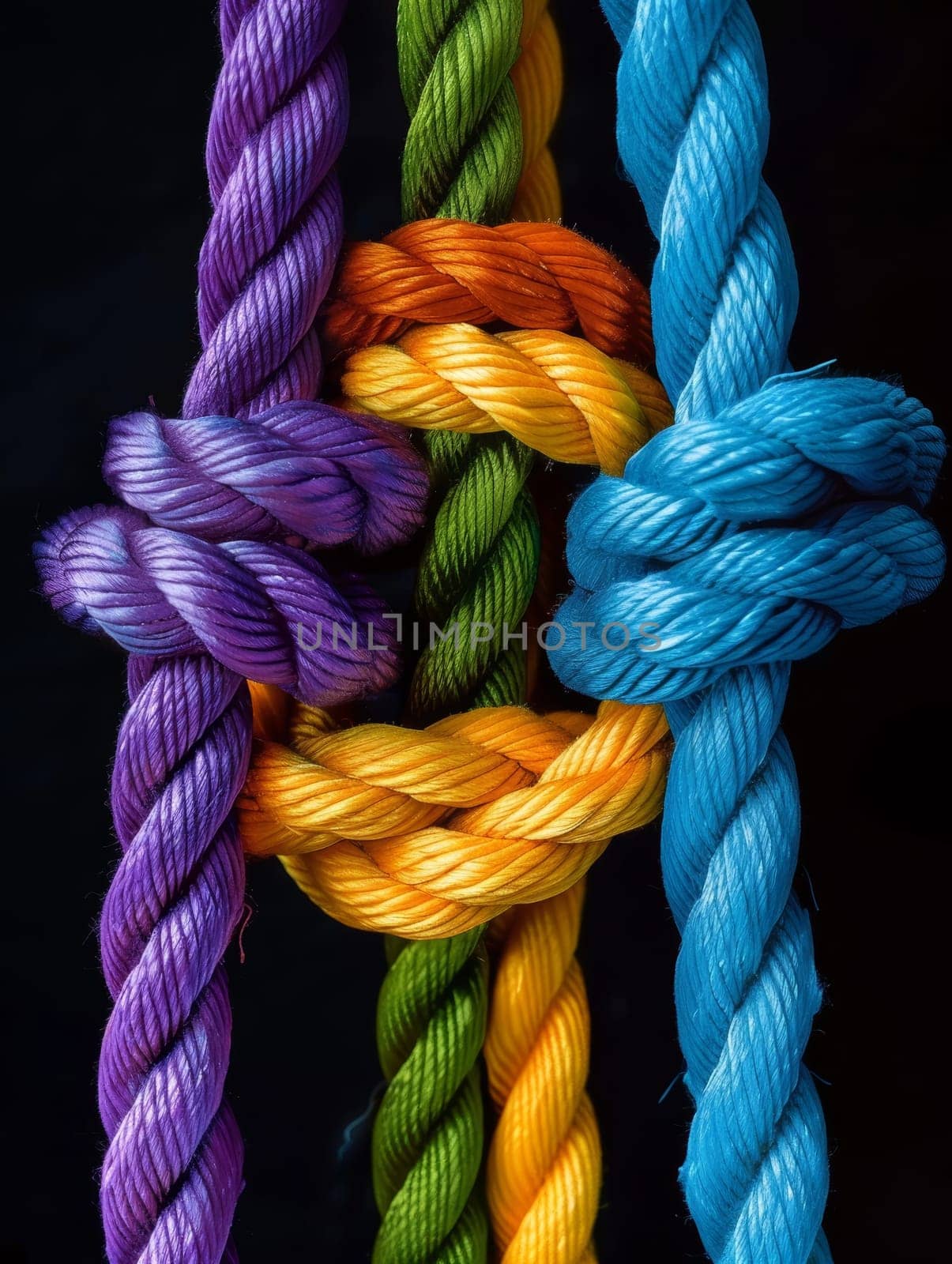 A complex knot of multihued braided ropes stands out on a dark background, emphasizing texture and the art of knotting