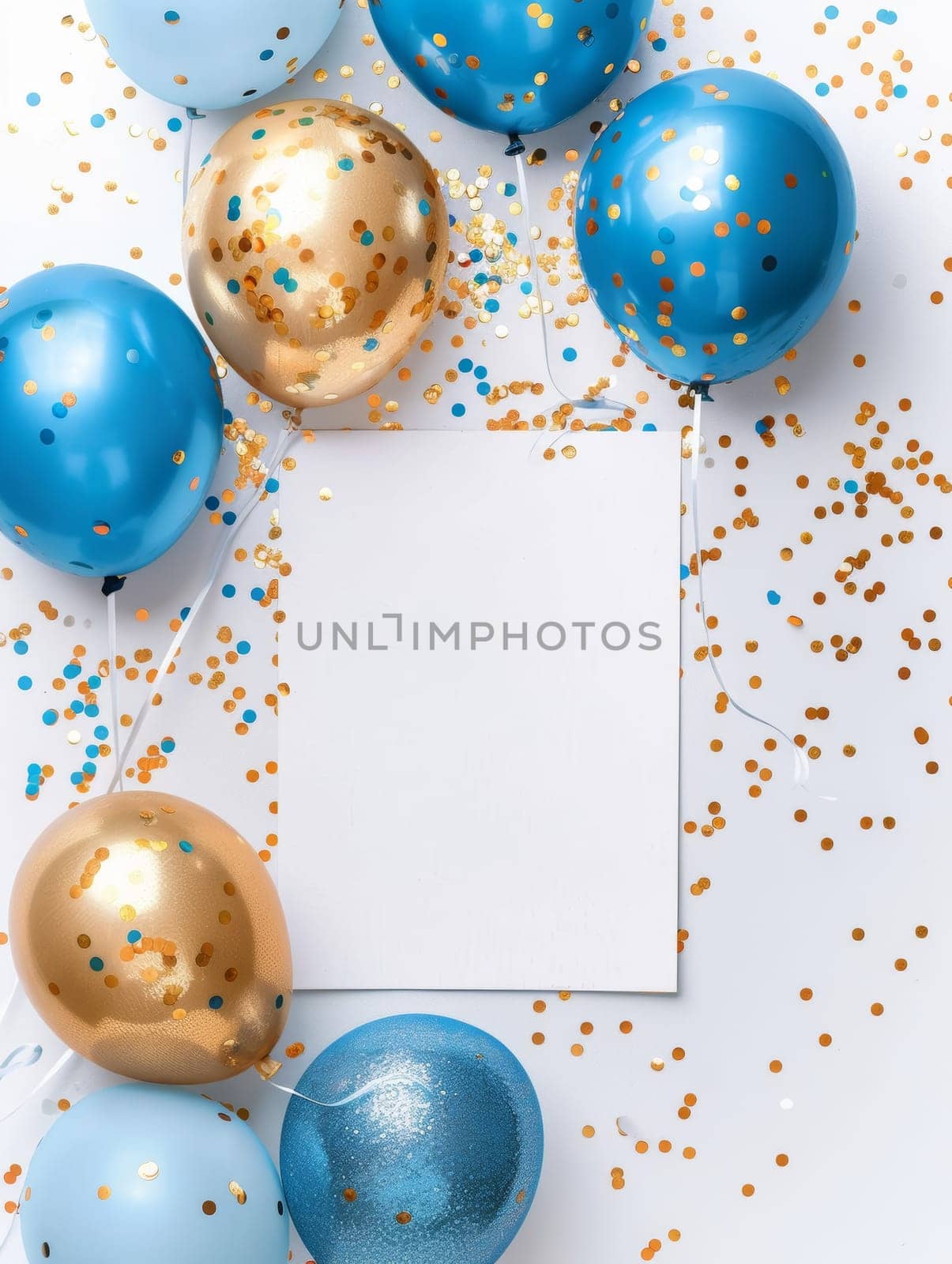 A white blank card framed by blue and gold balloons on a confetti-strewn surface, ready for festive customization