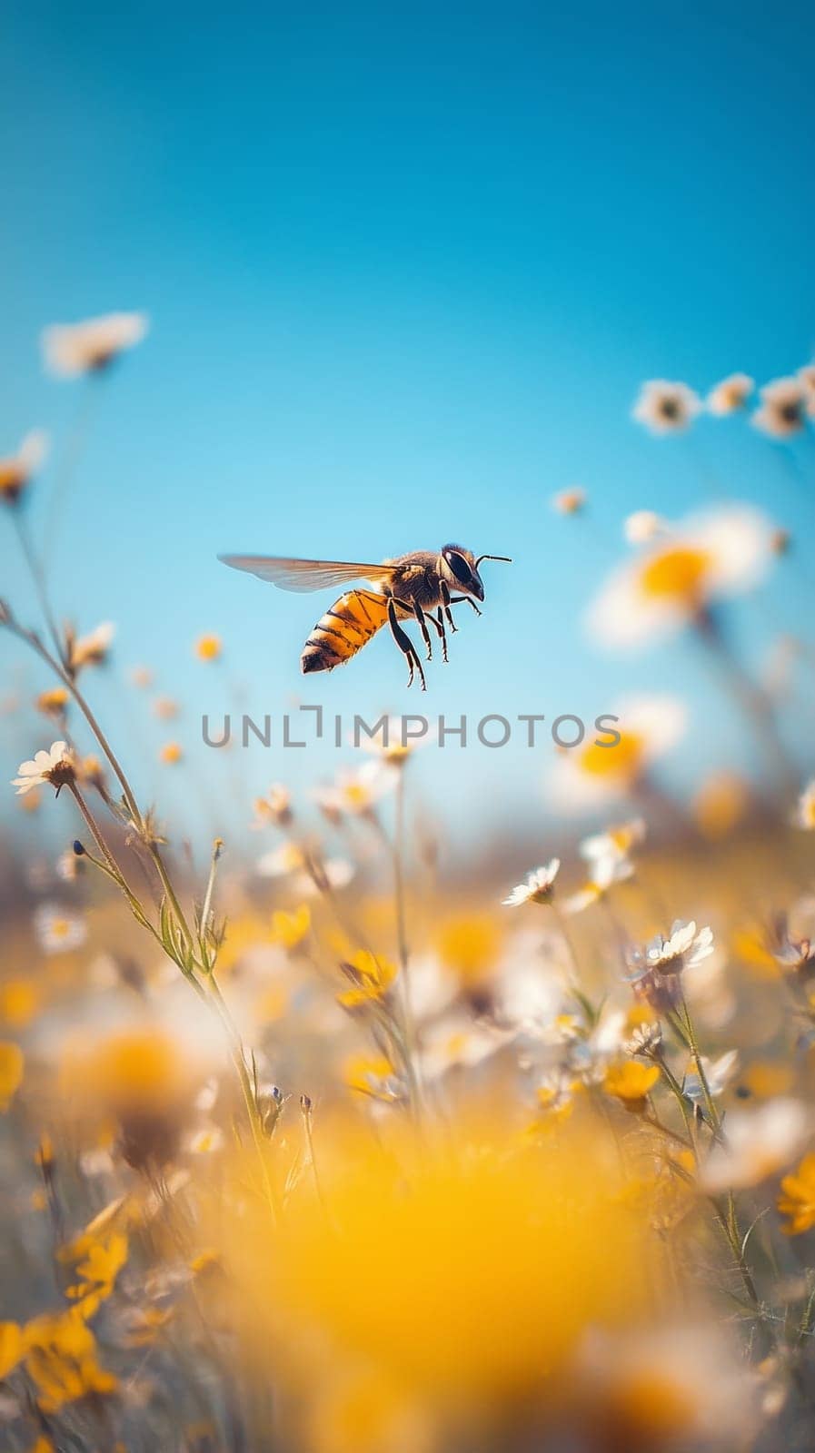 A honeybee hovers mid flight over a colorful meadow of wildflowers, its wings spread against a vivid blue sky, embodying nature's harmony.