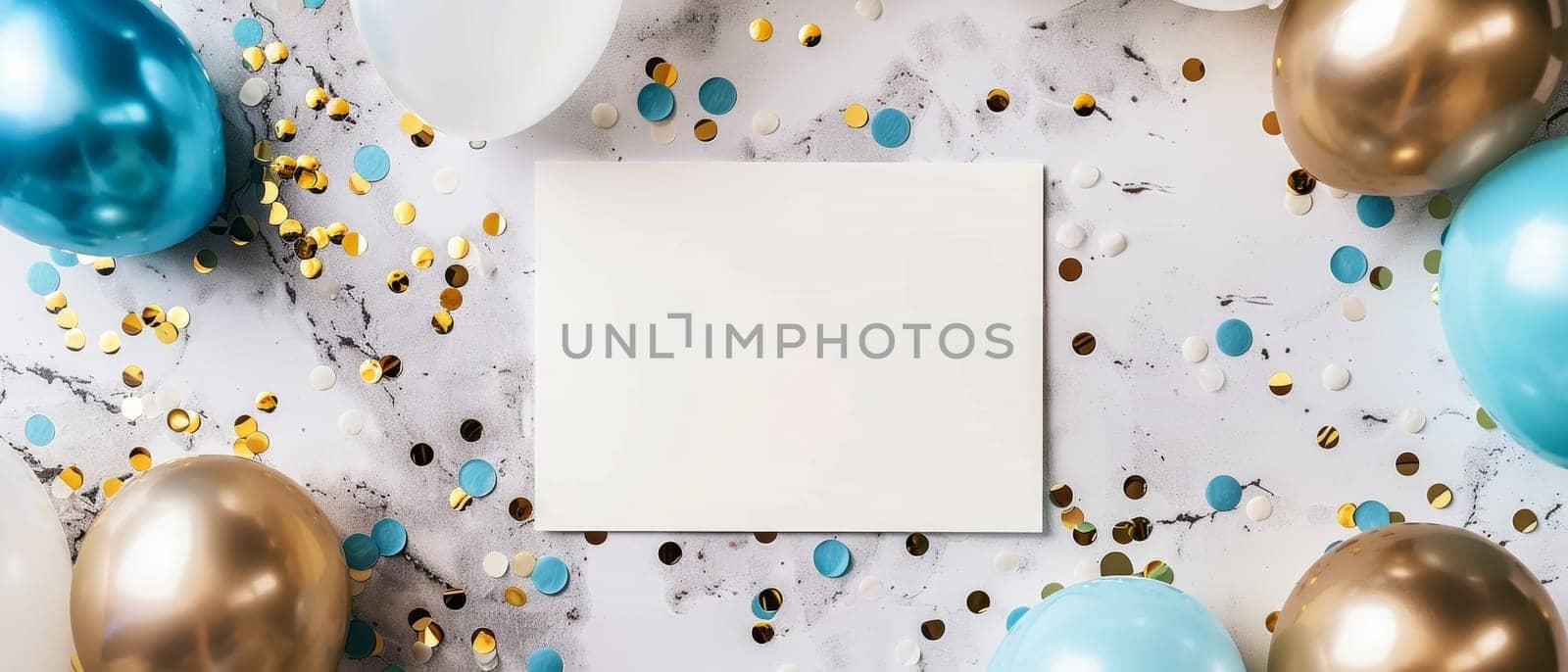 A lively party scene showcasing a blank white card amidst teal and gold balloons with elegant confetti on a textured surface