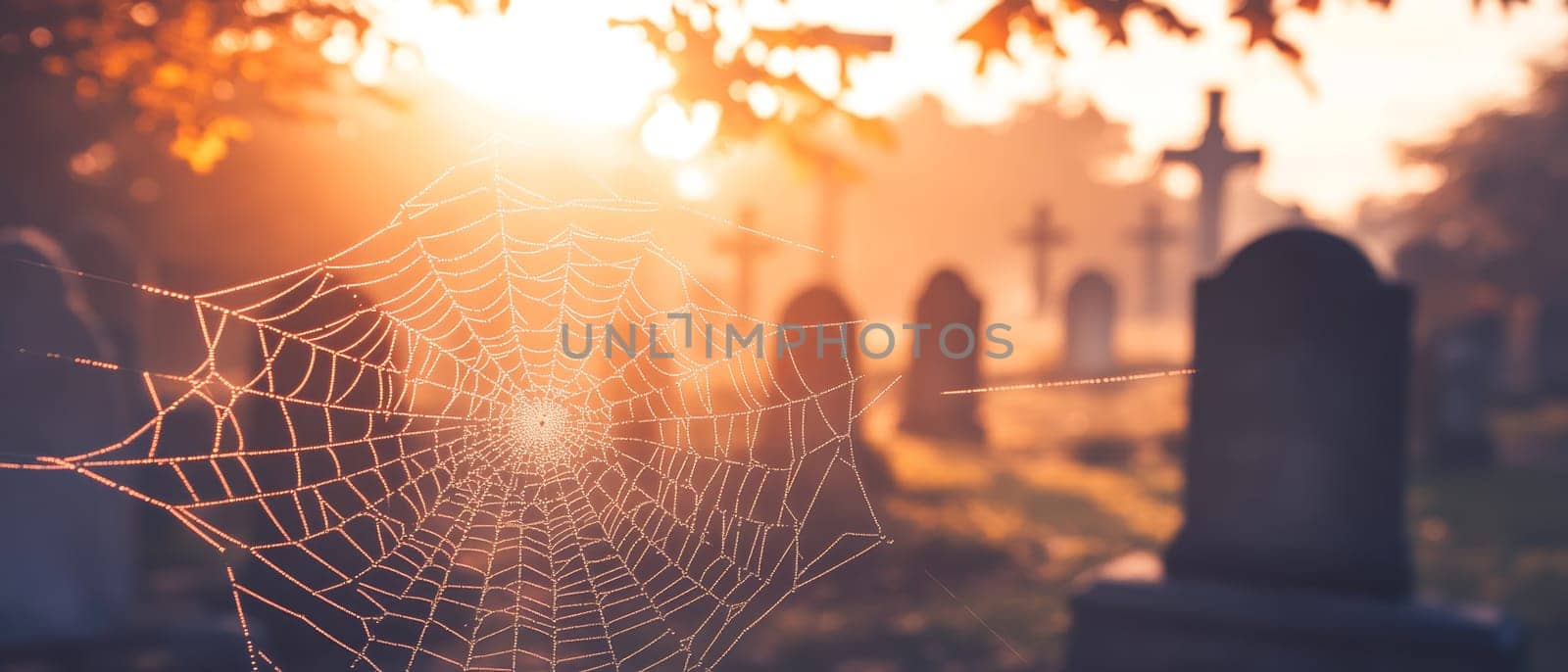 A delicate spiderweb glistening with dew drops in the foreground, with a misty cemetery and tombstones silhouetted against a golden sunrise, creating a haunting Halloween scene.