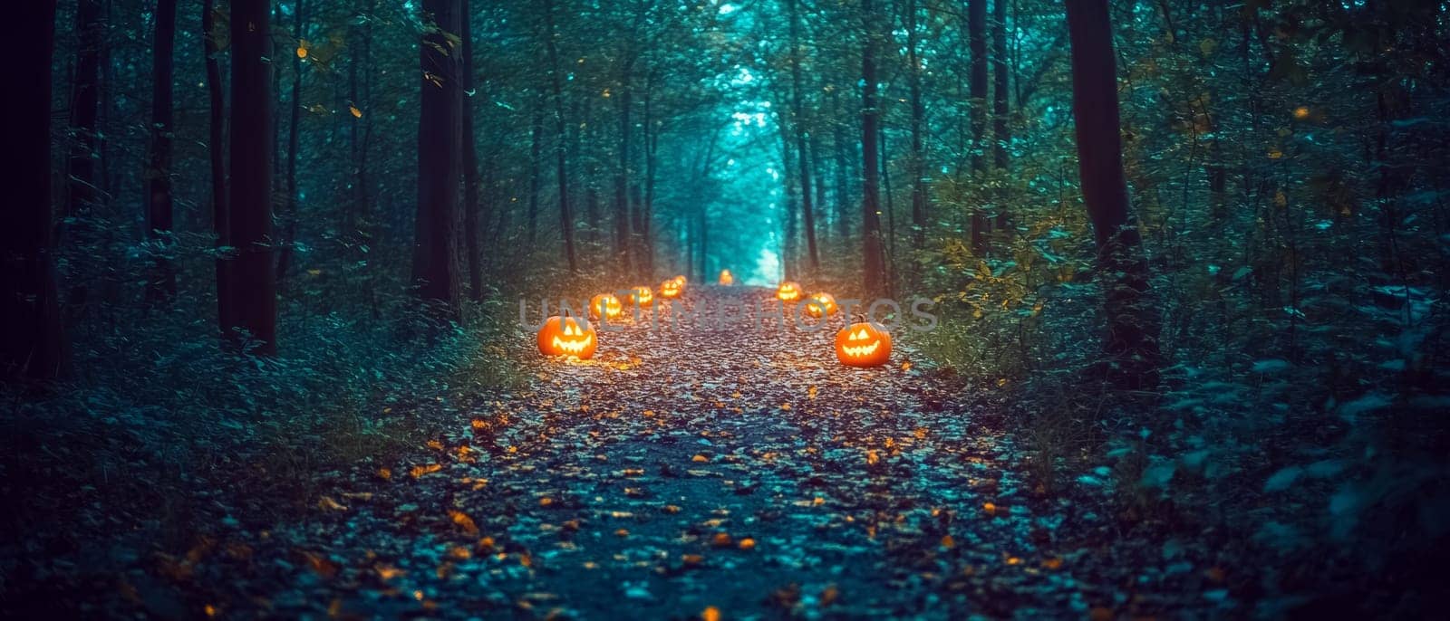 Mystical forest path lined with illuminated jack o lanterns, creating an eerie Halloween atmosphere under a teal colored canopy of trees.