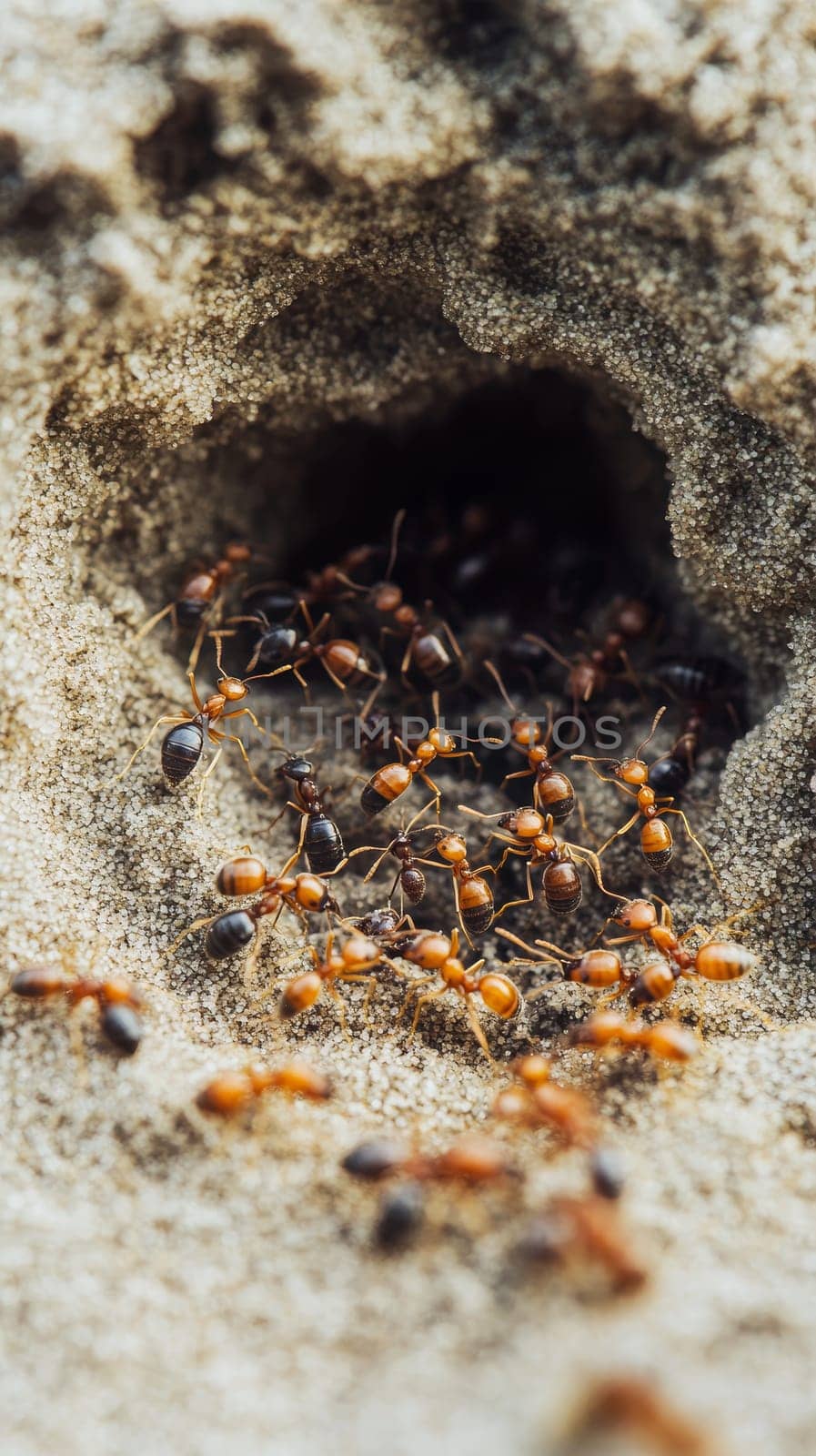 Macro view of ants swarming around their nest entrance in sandy terrain, showcasing the intricate social structure and organization of these industrious insects.