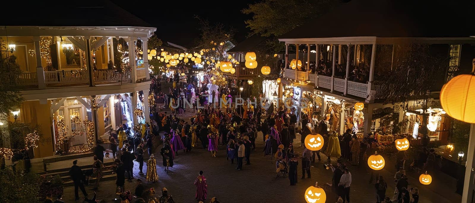 A lively Halloween street celebration with crowds of costumed people, illuminated by festive pumpkin lanterns and decorative lights on charming historic buildings.