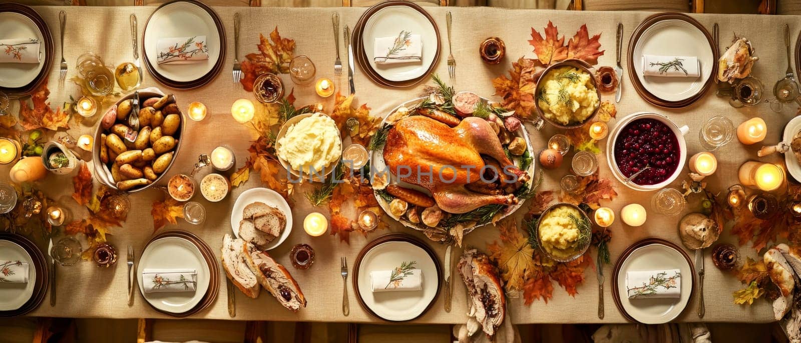 Overhead view of a beautifully set Thanksgiving dinner table with roasted turkey, side dishes, autumn decorations, and candles on a rustic tablecloth.