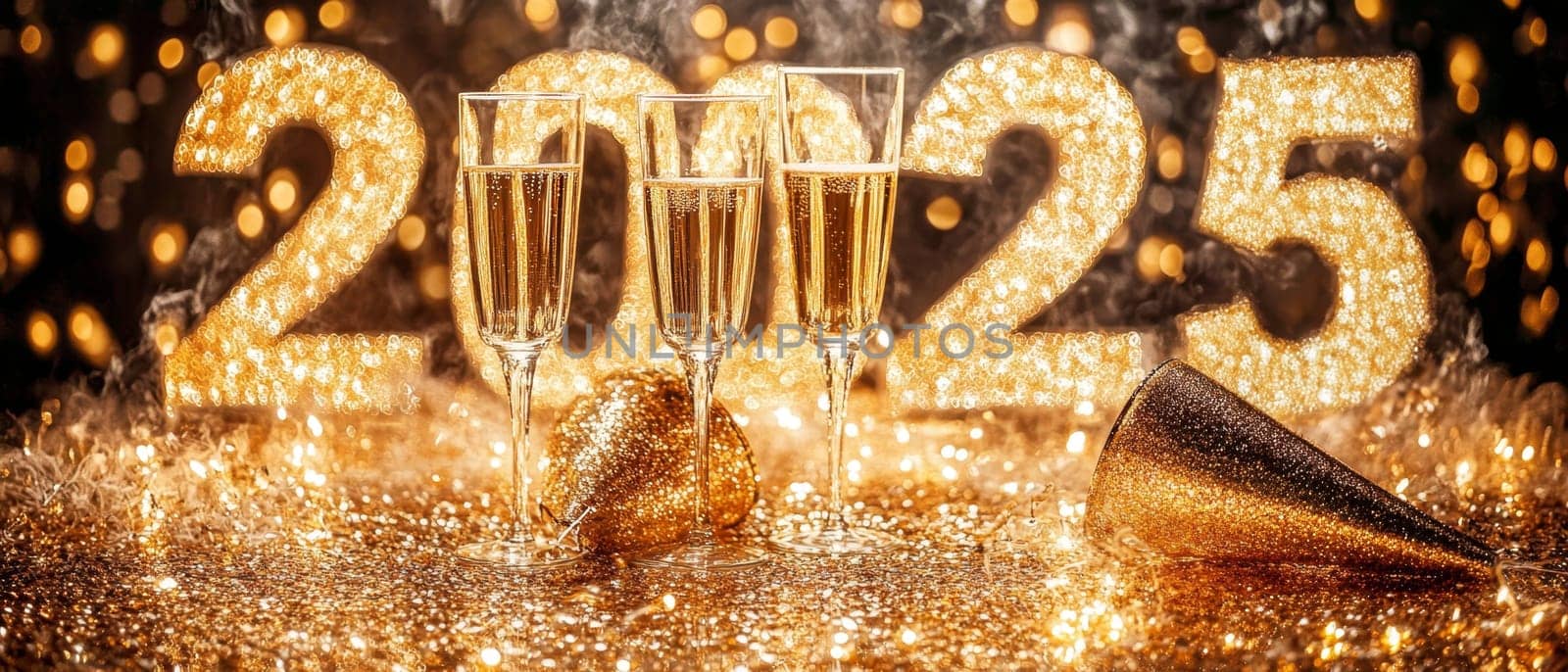 Glittering New Year 2025 celebration setup with champagne flutes, golden decorations, and sparkling lights creating a festive atmosphere.