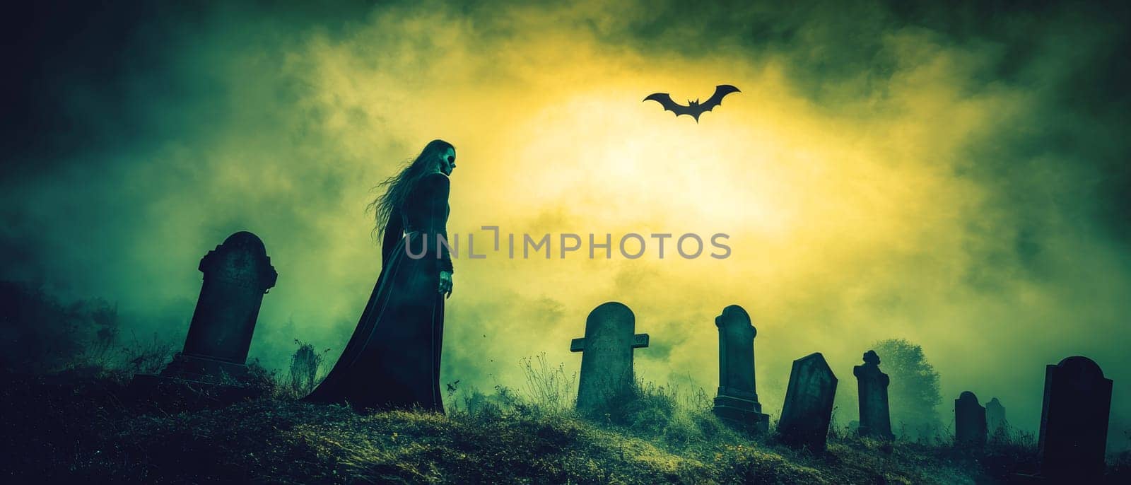Silhouette of a spectral figure standing among tombstones in a misty graveyard with a bat flying against an ominous yellow green sky, creating a chilling Halloween scene.
