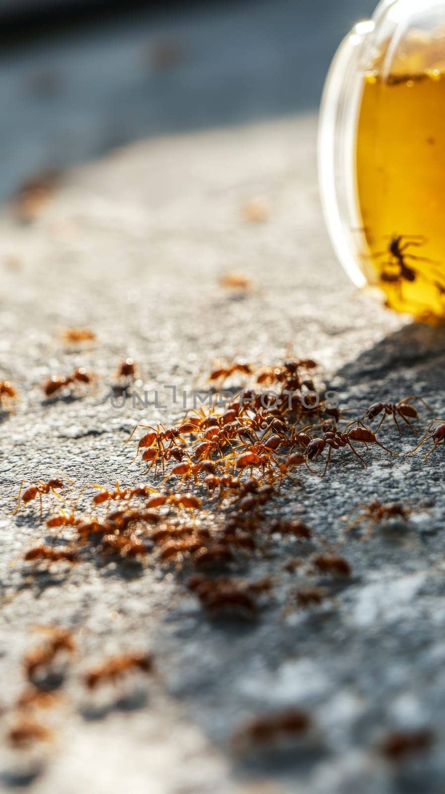 A colony of red ants gathered around a spilled yellow soda on concrete, demonstrating their collective behavior and resourcefulness in urban environments.