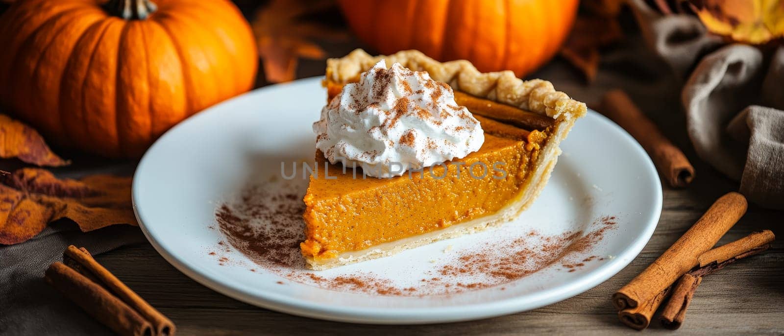 Delicious slice of pumpkin pie topped with whipped cream on a white plate, surrounded by whole pumpkins, cinnamon sticks, and autumn leaves.