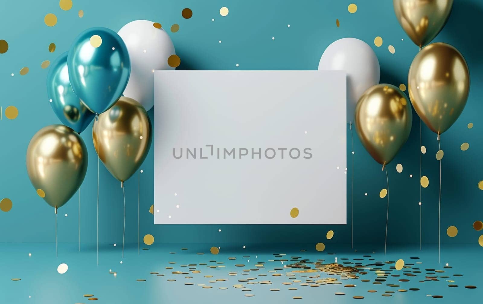 An elegant party invitation mockup with a blank card surrounded by blue and gold balloons on a teal background, speckled with golden confetti