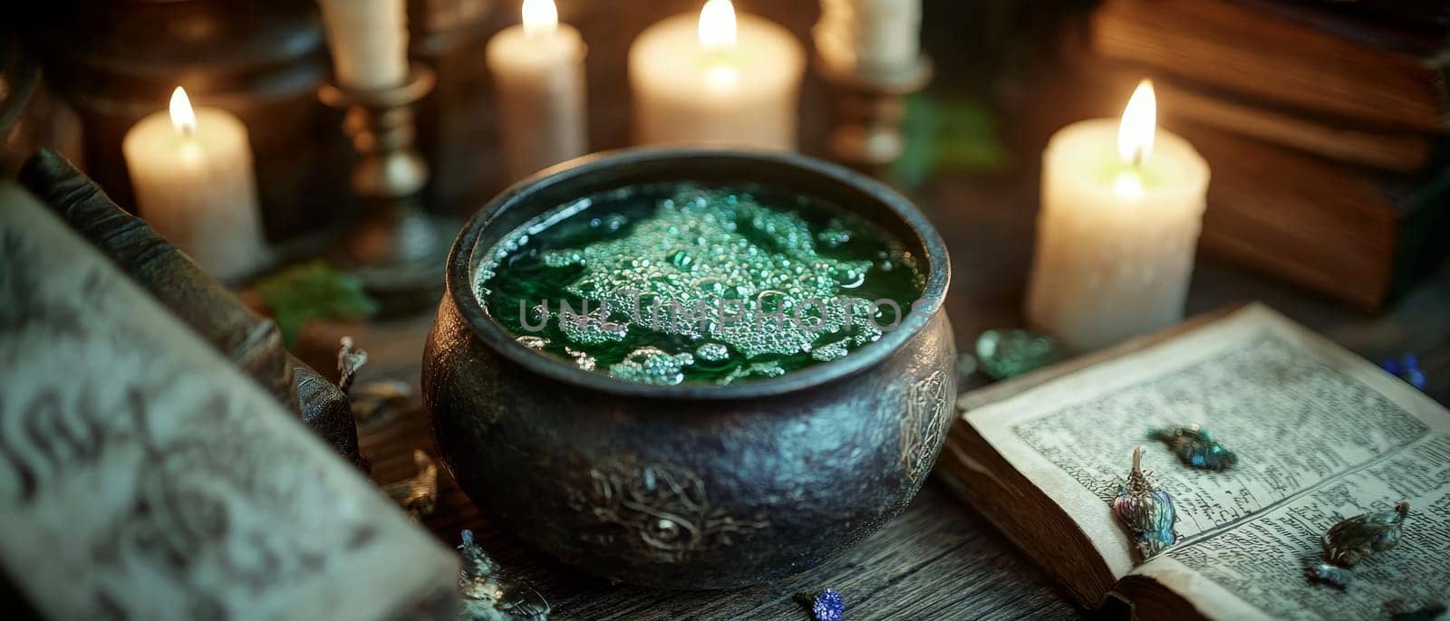 A bubbling cauldron filled with glowing green potion surrounded by candles, spell books, and magical ingredients, creating an enchanting Halloween atmosphere.