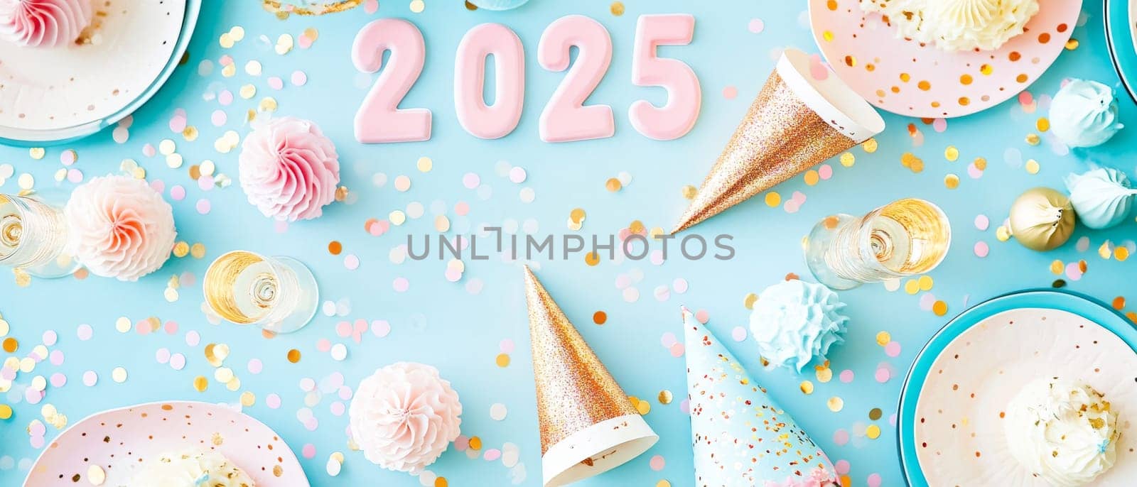 Festive New Year 2025 party setup with colorful decorations, confetti, and sparkling drinks on a blue background.