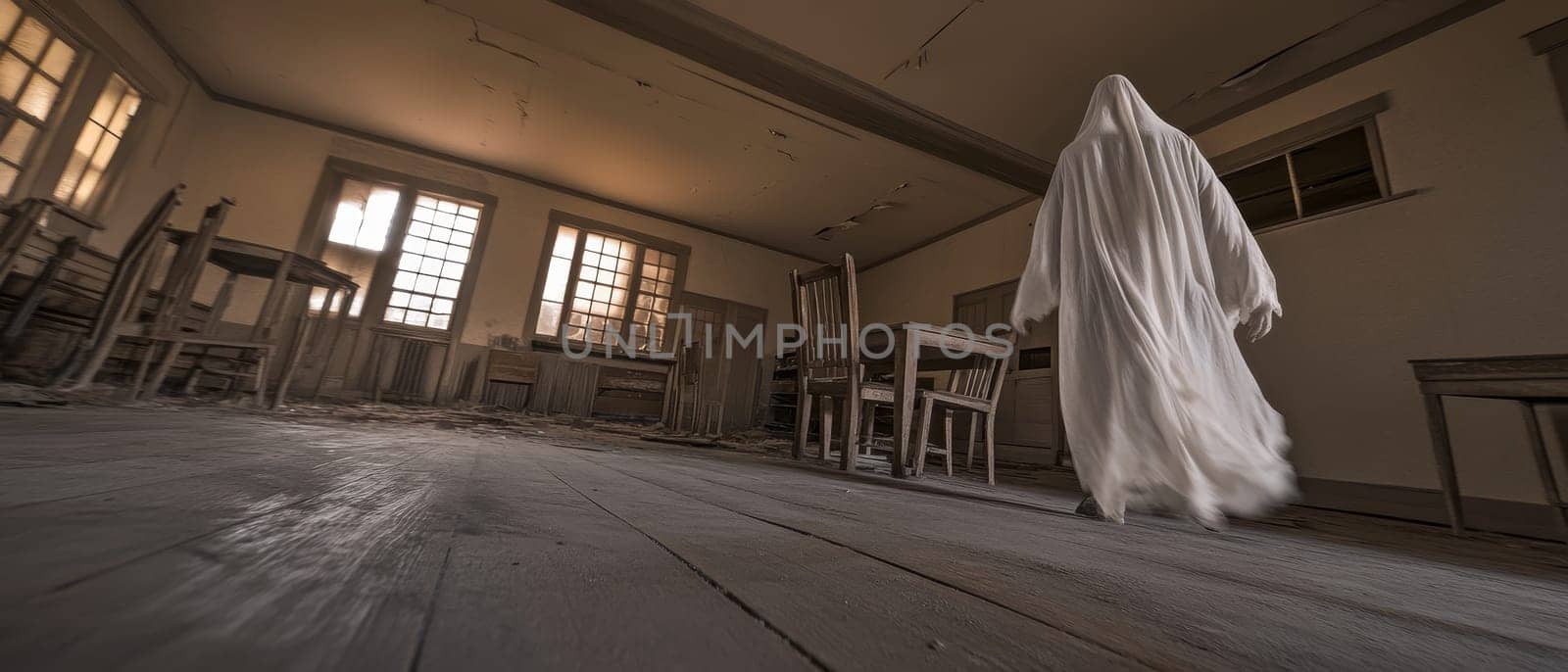 A mysterious white clad figure stands in a derelict room with peeling walls, broken furniture, and sunlight streaming through dusty windows, creating an eerie supernatural atmosphere.