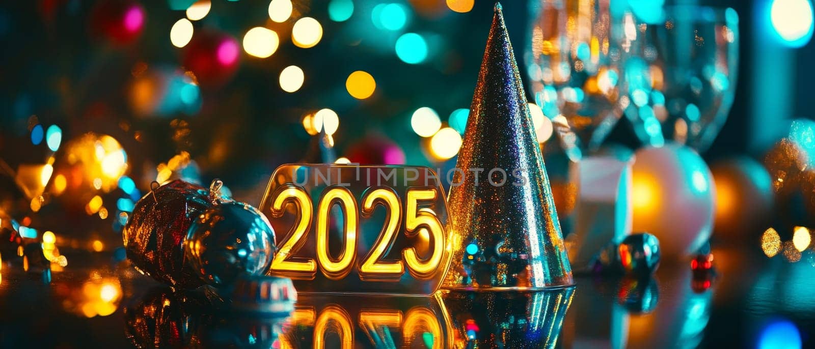New Year 2025 celebration with festive decorations, including a party hat and bokeh lights in the background.