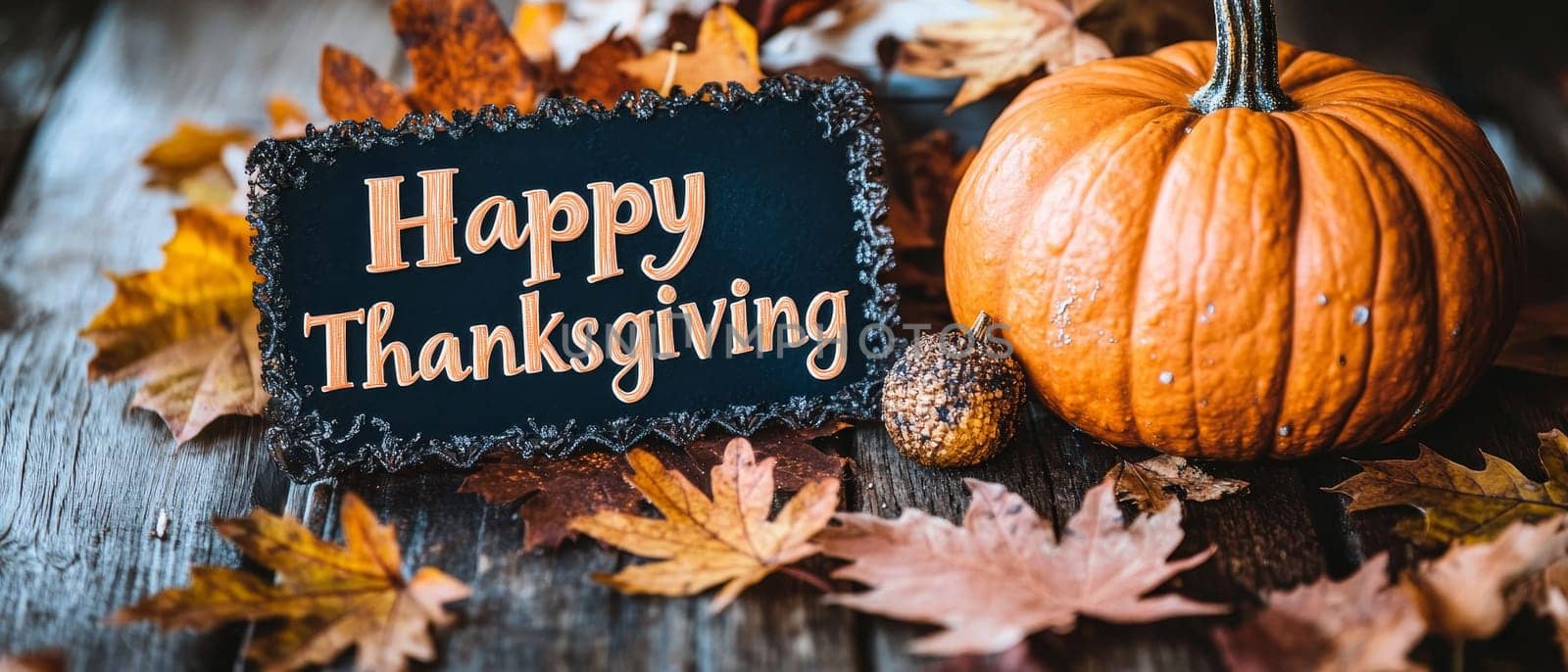 A Thanksgiving sign with a pumpkin and autumn leaves, creating a warm and festive holiday atmosphere.