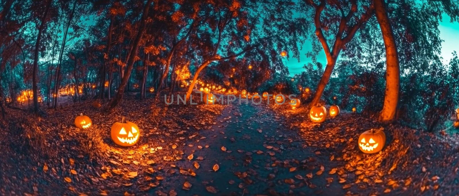 Glowing jack o lanterns line a forest path, creating a spooky and enchanting Halloween atmosphere.