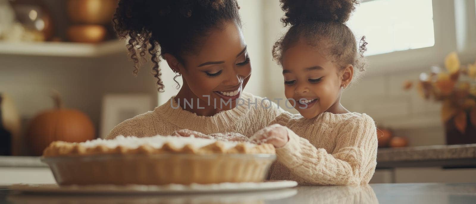 A heartwarming scene of a mother and young daughter bonding while baking a pie in a cozy kitchen, surrounded by autumn themed decorations.