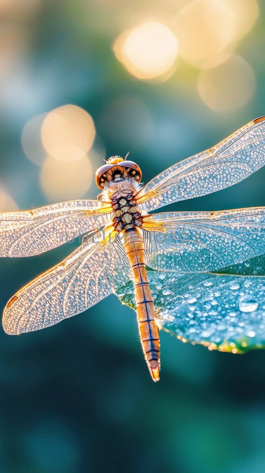 A delicate dragonfly perched on a leaf, its translucent wings covered in tiny water droplets, illuminated by warm golden light creating a magical atmosphere.