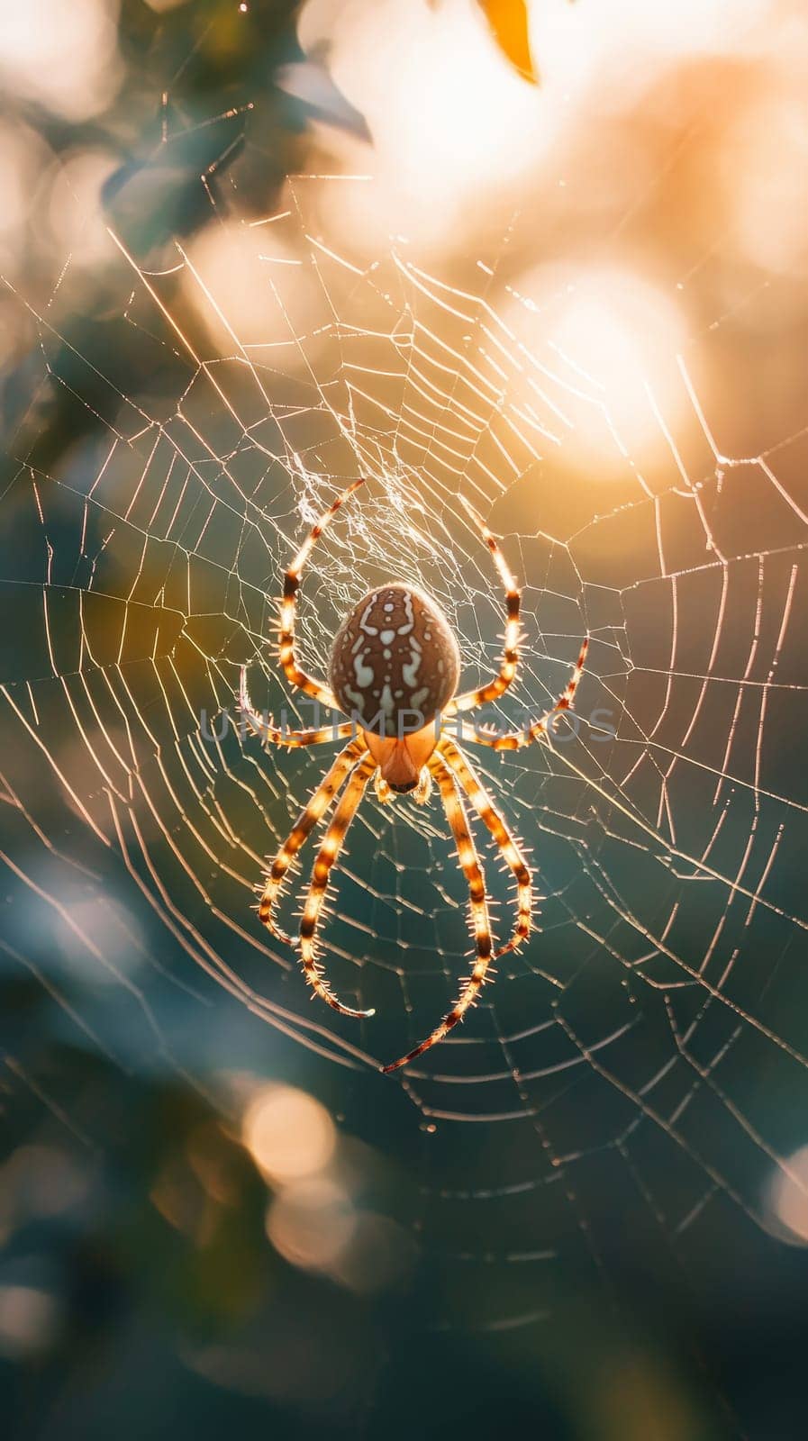 Intricate silhouette of an orb weaver spider on its beautifully crafted web, backlit by warm golden sunset light, showcasing nature's artistic craftsmanship.