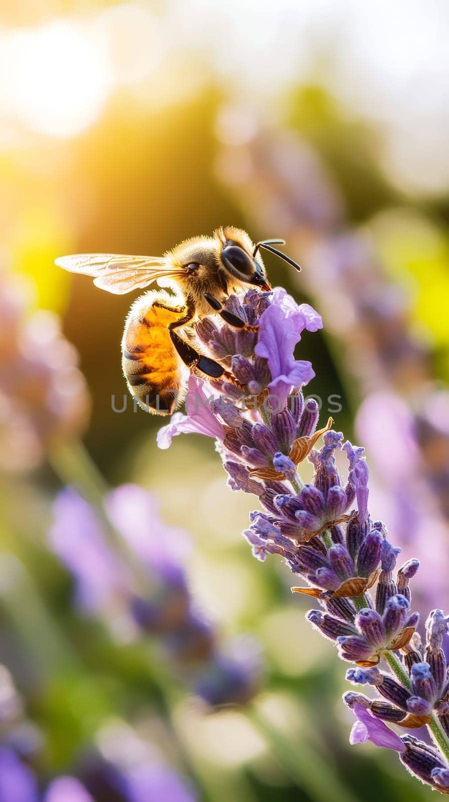 Close up of a honeybee gathering nectar from a purple lavender flower, highlighting the intricate details of both insect and plant in warm sunlight.