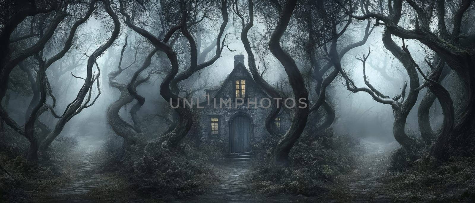 Eerie scene of a stone cottage with glowing windows nestled among twisted trees in a foggy, dark forest, creating a spooky and mysterious atmosphere.