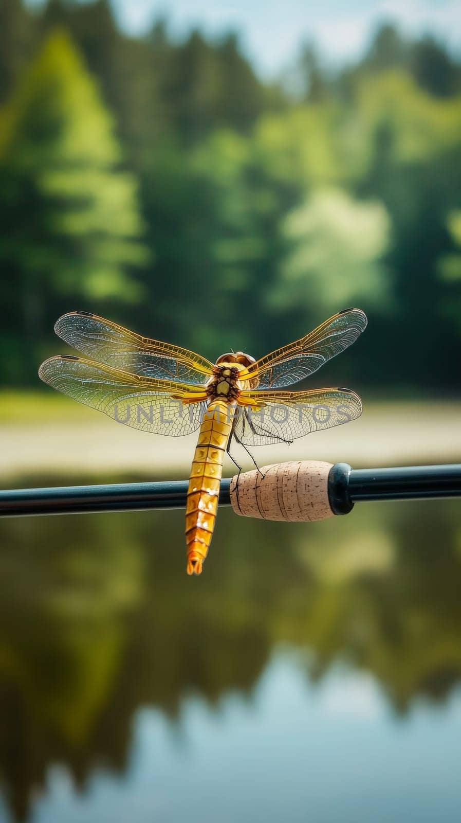 Close up of a yellow dragonfly perched on a fishing rod handle with a blurred forest and lake background, showcasing the insect's intricate wing structure.