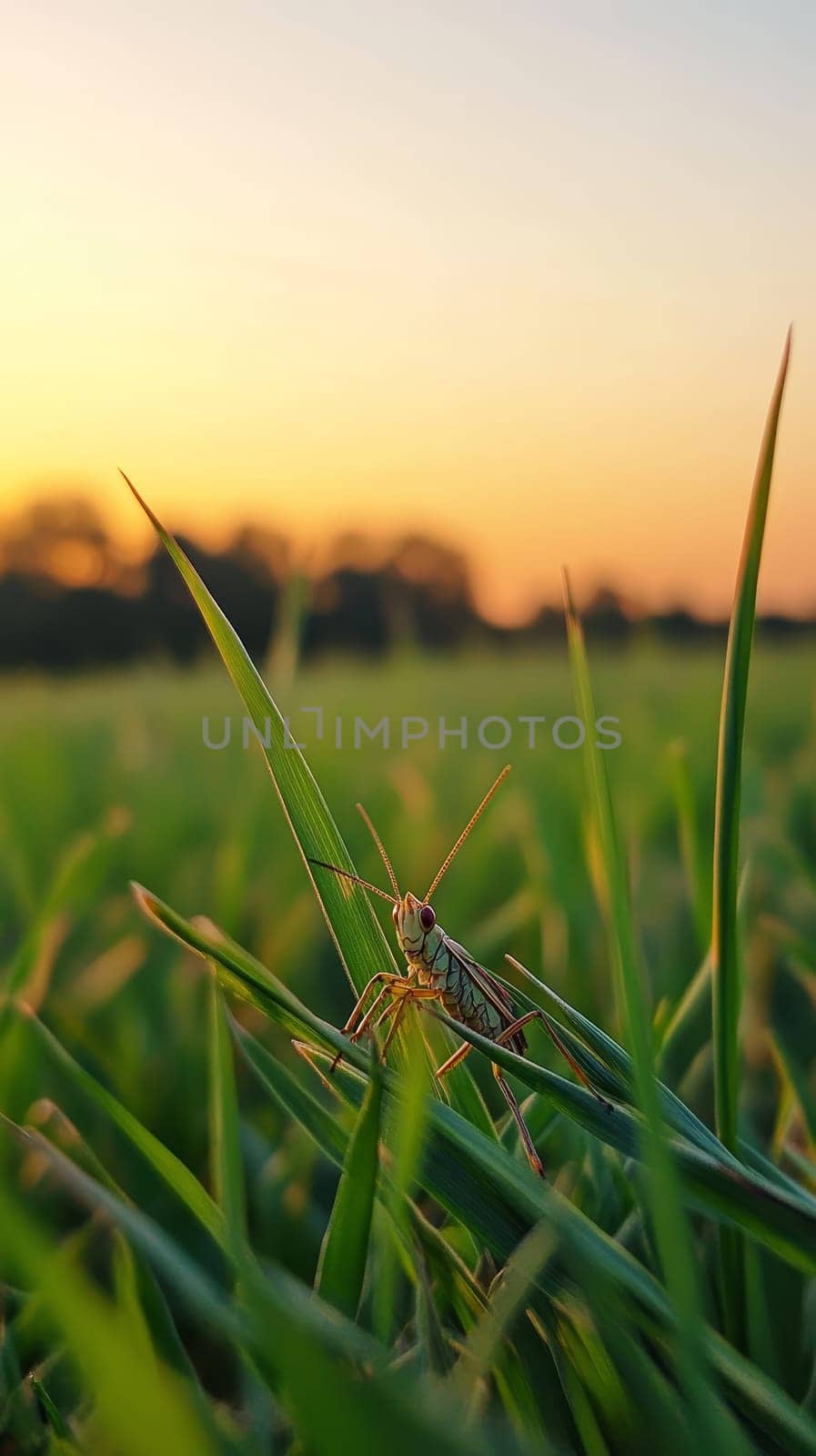 Silhouette of a grasshopper perched on a blade of grass against a warm golden sunset background, symbolizing serenity and nature's harmony.