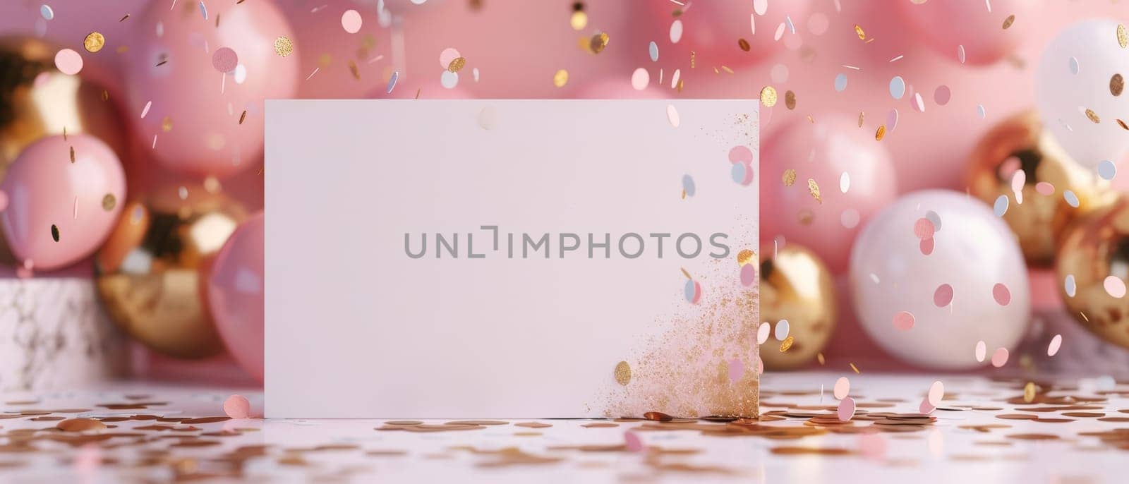 A wide festive background with pink balloons, golden confetti, and a central white card